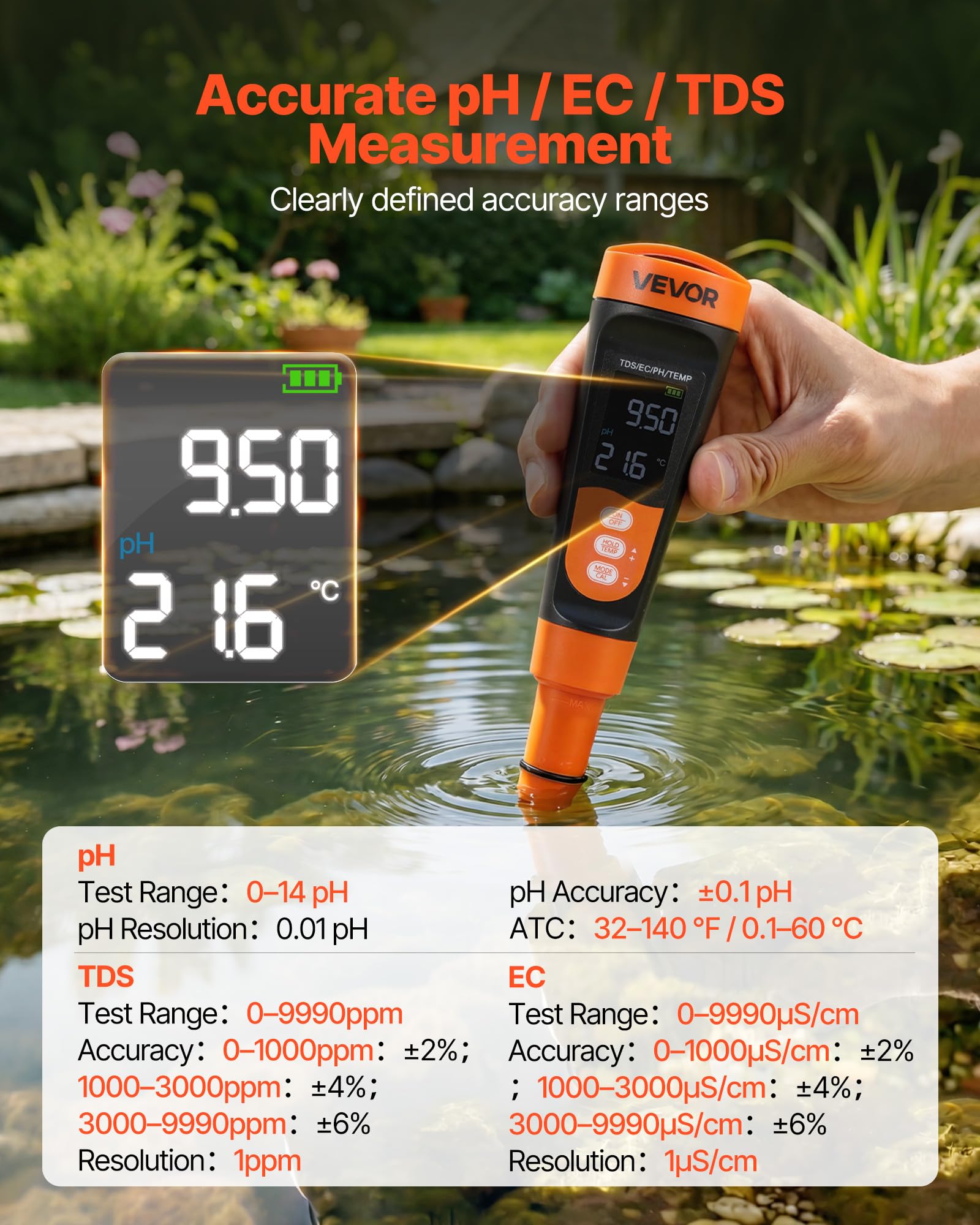 VEVOR Misuratore di pH da Laboratorio, Misurazione Multiparametrica Accurata di pH/EC/TDS, Sonda Impermeabile IP68, Kit Tascabile con Bustine di Polvere di Calibrazione, Display VA, per Analisi Acqua