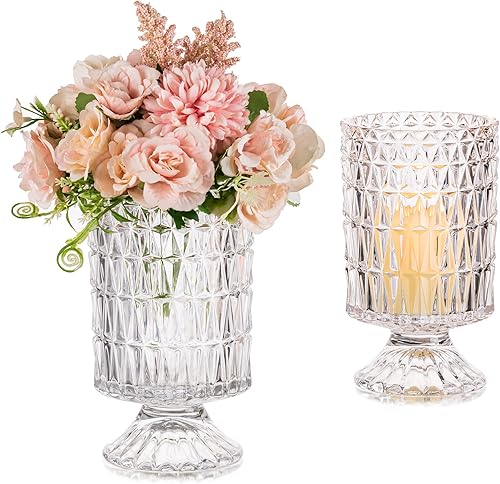 Glasseam Jarrones de pedestal para flores, juego de 2 jarrones decorativos de compota, florero de cristal transparente vintage, decoración de flores