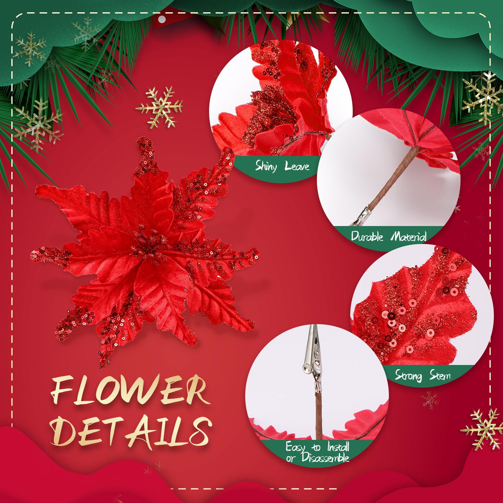 12 flores de Navidad artificiales de tela con purpurina de 10 pulgadas con clips, adornos de árbol de Navidad de cabeza grande con tallos para bodas, fiestas (rojo)