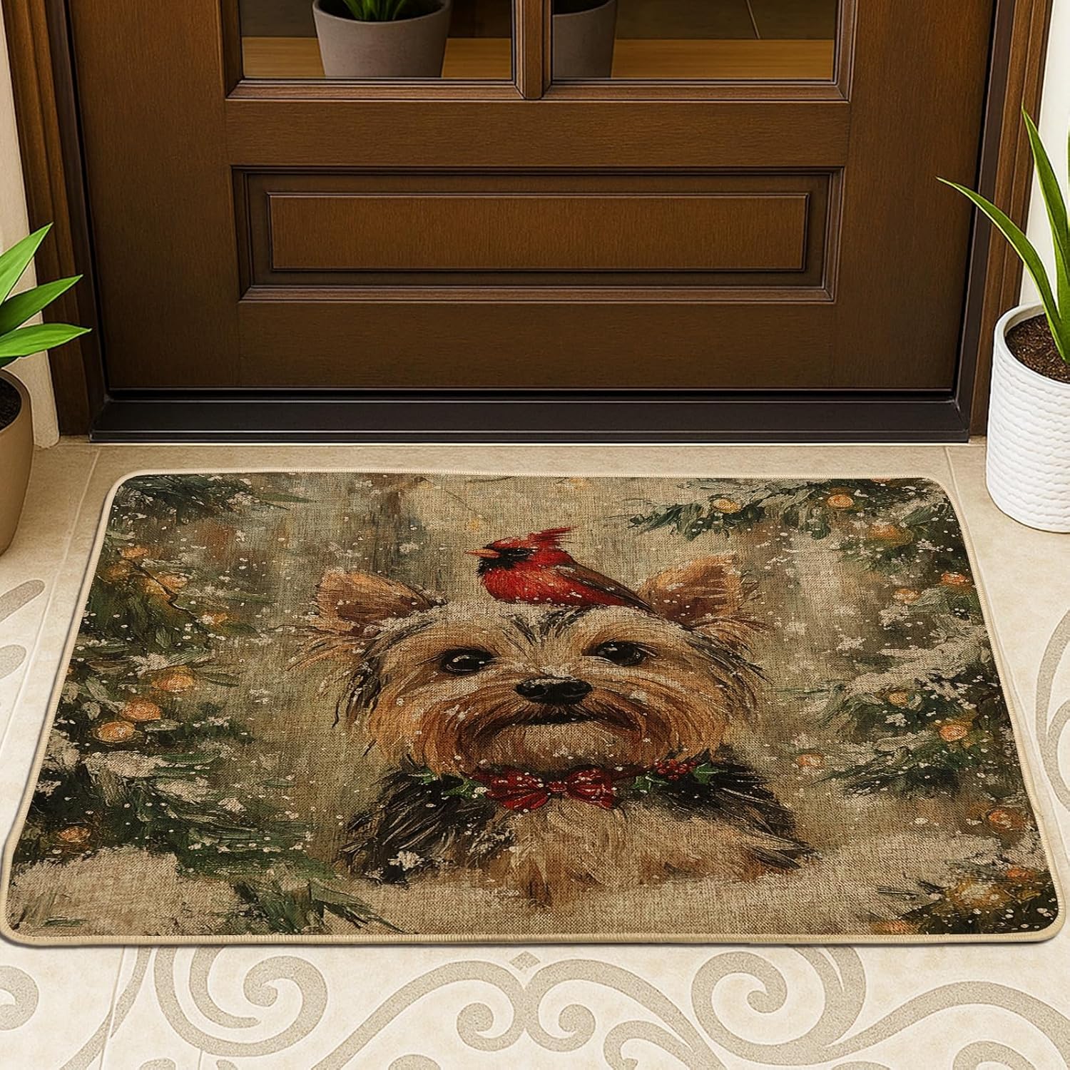 Christmas Yorkies Dog Front Black Door Mat Outside Inside Entrance 29 * 17, Xmas Cardinal Snowy Outdoor Indoor Non Slip Doormat, Small Pet Shoes Off Rug for Patio Home