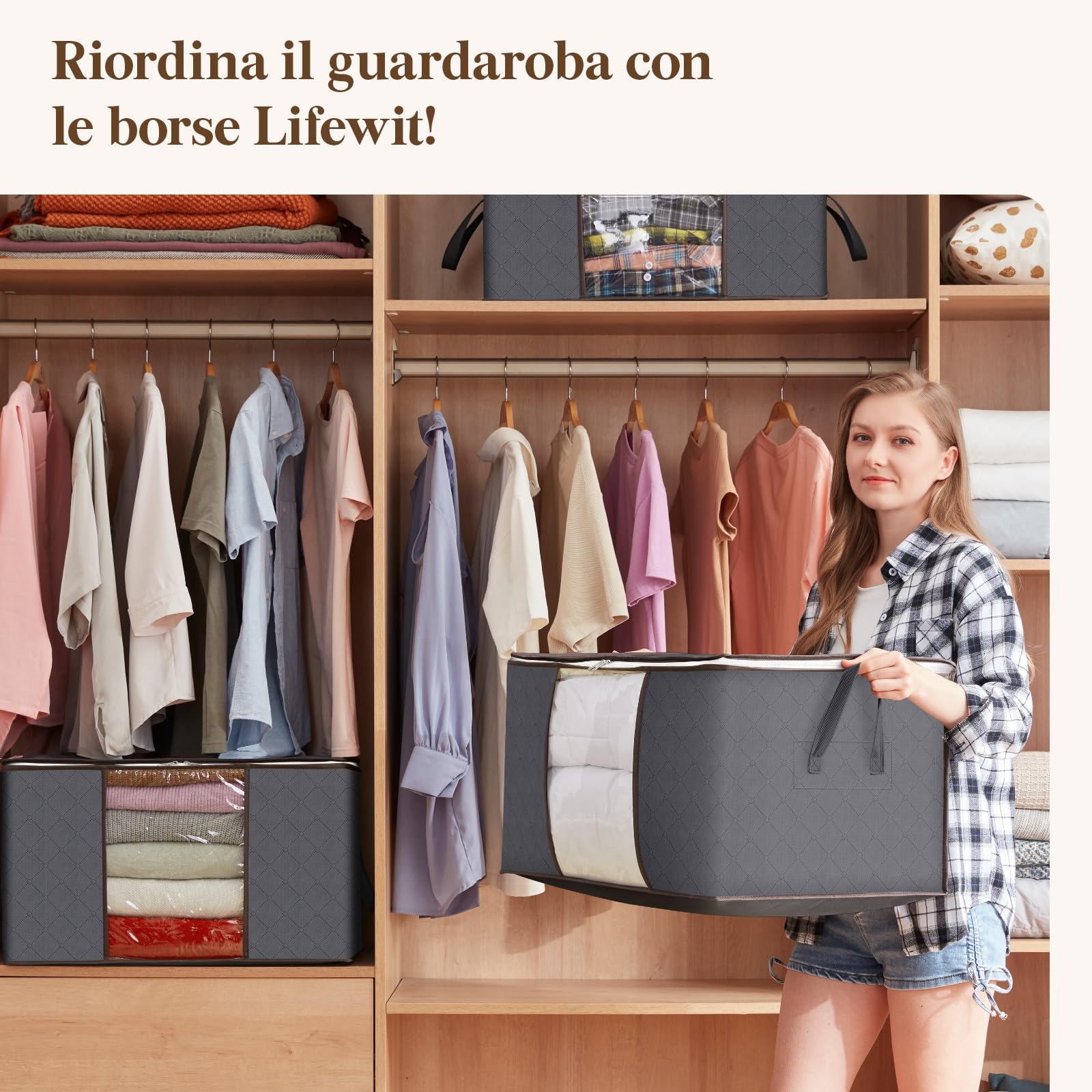 Lifewit Scatole per Armadio, Scatole Vestiti, Organizer Armadio per Piumoni, Scatola Trasloco, Buste Pieghevole per Indumenti, Coperte, Biancheria da Letto, Grigio, 60L, 6 Pezzi