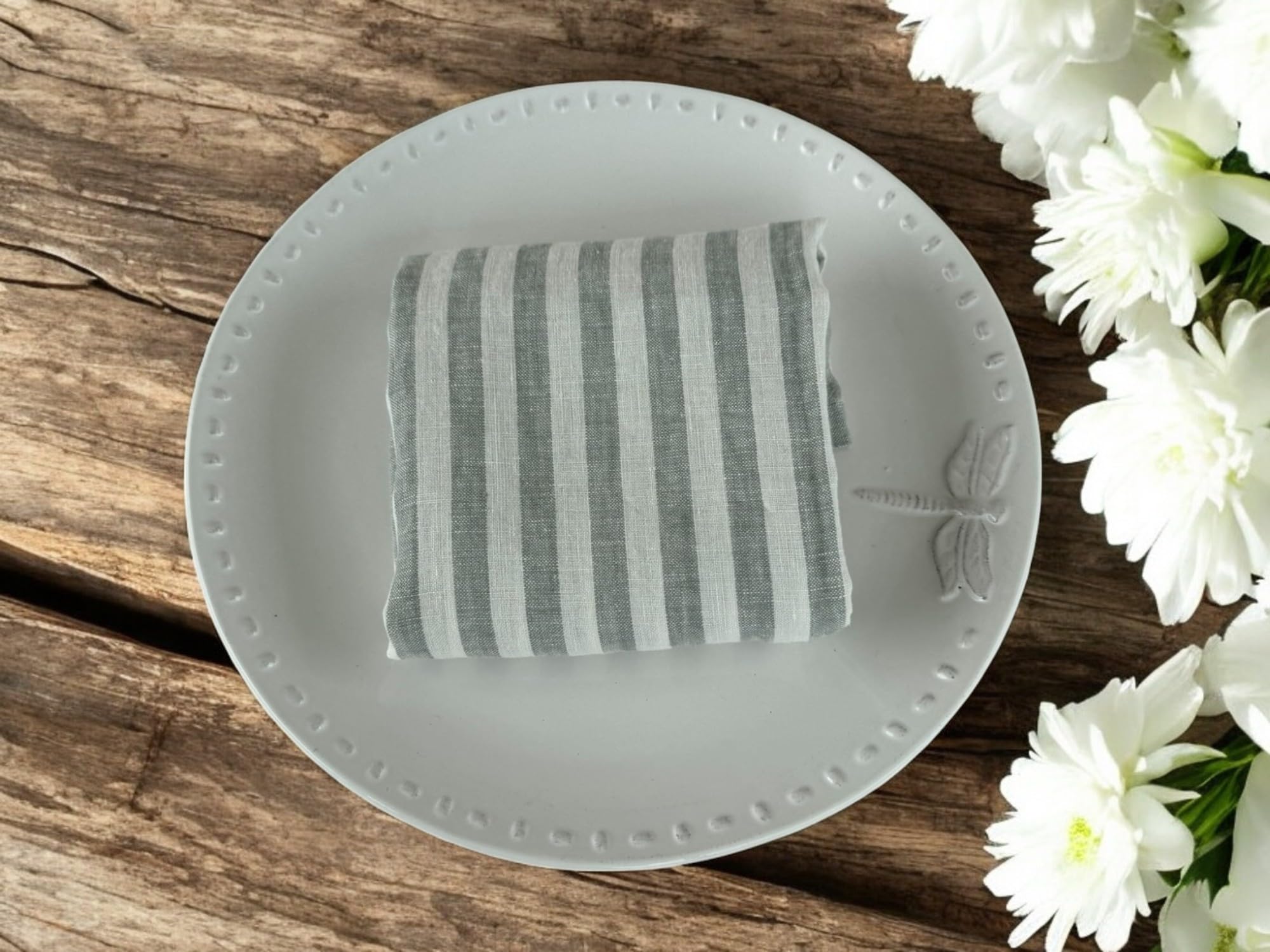 Linen Napkins - 100% Pure Stonewashed Linen Cloth Napkins - Mitered Corners - Size 50cm x 50cm - Set of 4 (Sage Stripe) - Image 3