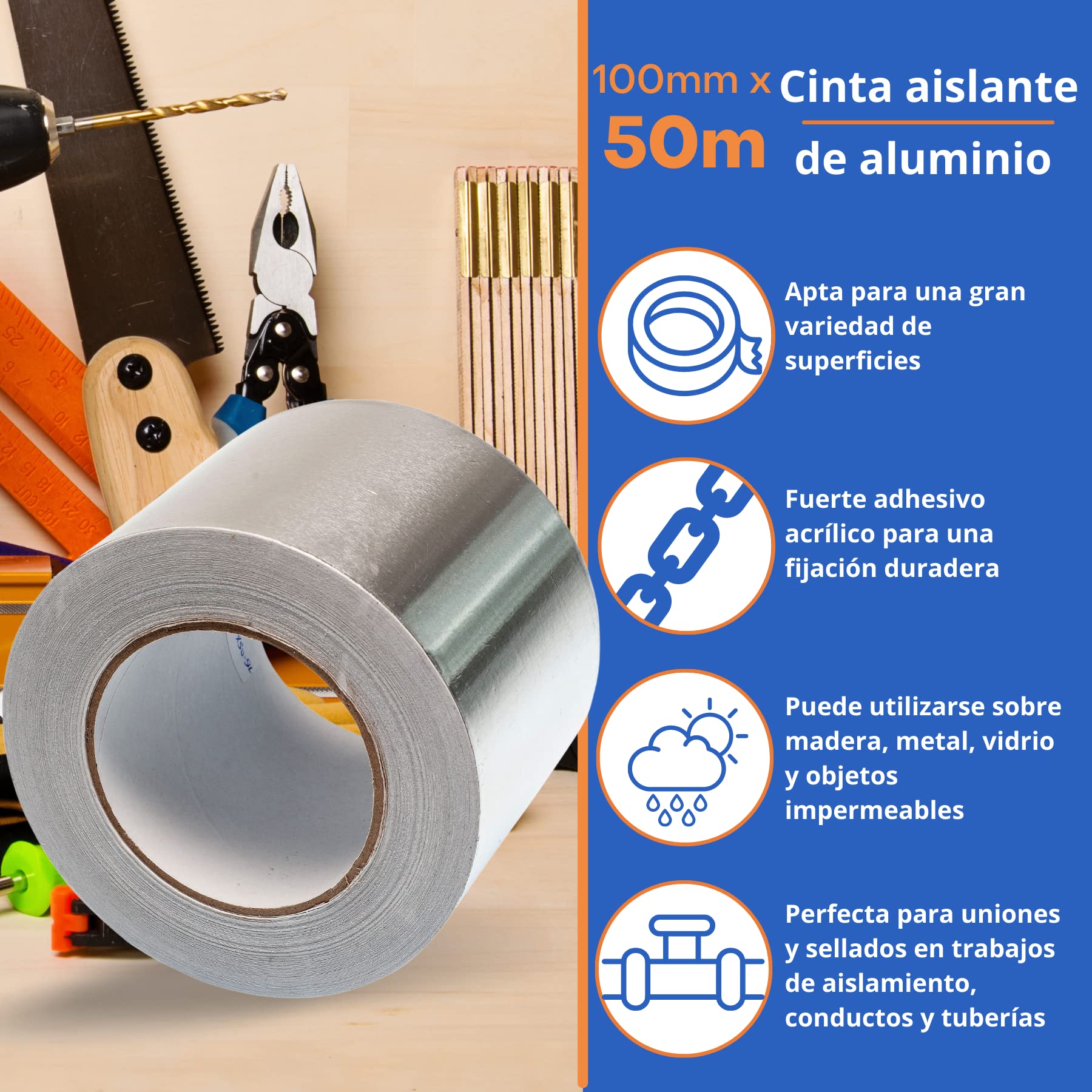 Gocableties - Cinta adhesiva de aluminio ancha de 100 mm x 50 m - Autoadhesiva y resistente al agua y al calor - Ideal para sellar, reparar y aislar - 1 rollo