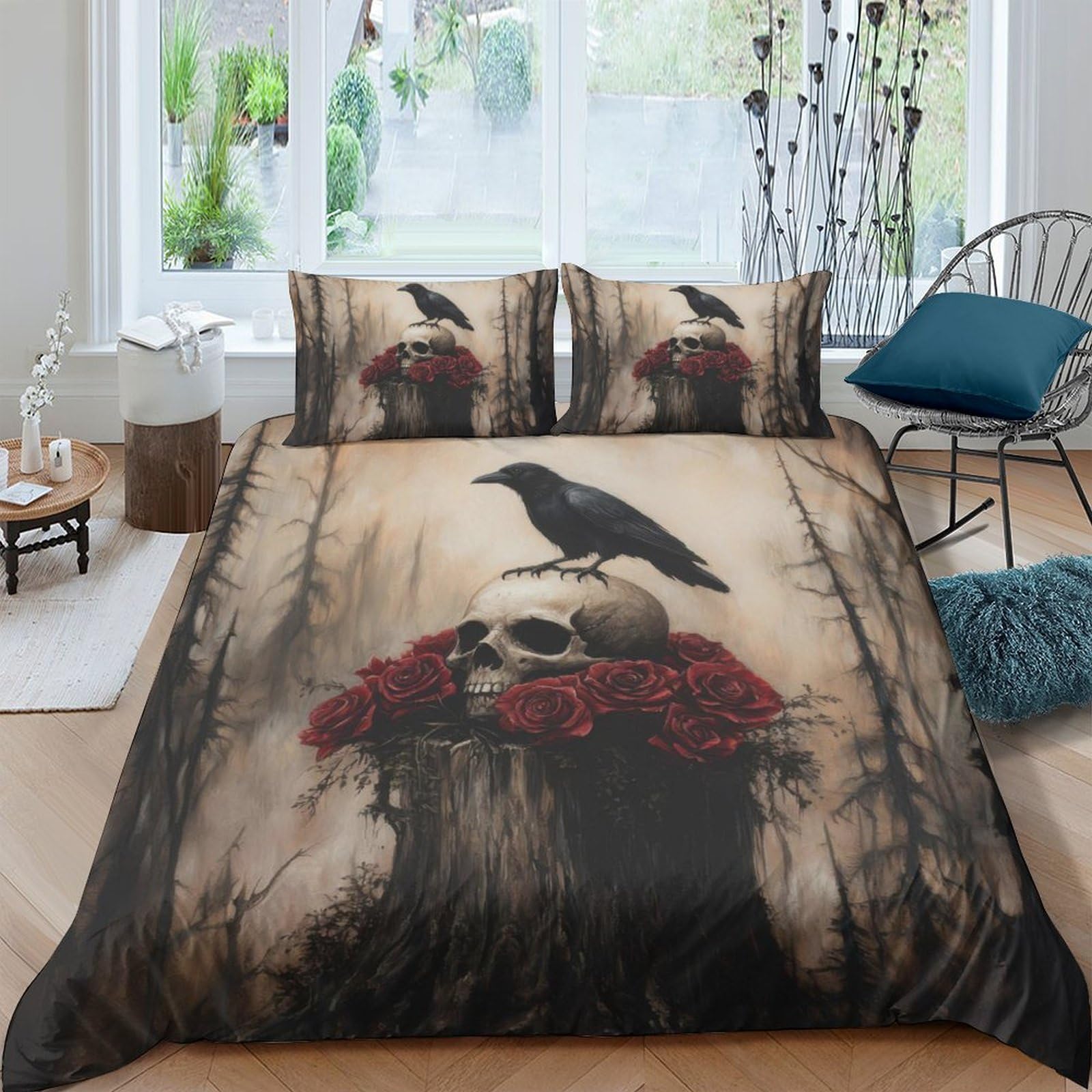 GPLZQXKJNH 3D Printed Skull Raven Duvet Cover Microfiber Soft Breathable Rose Forest Bedding Set with 2 Pillowcases for Bedroom Decor Single（135x200cm）