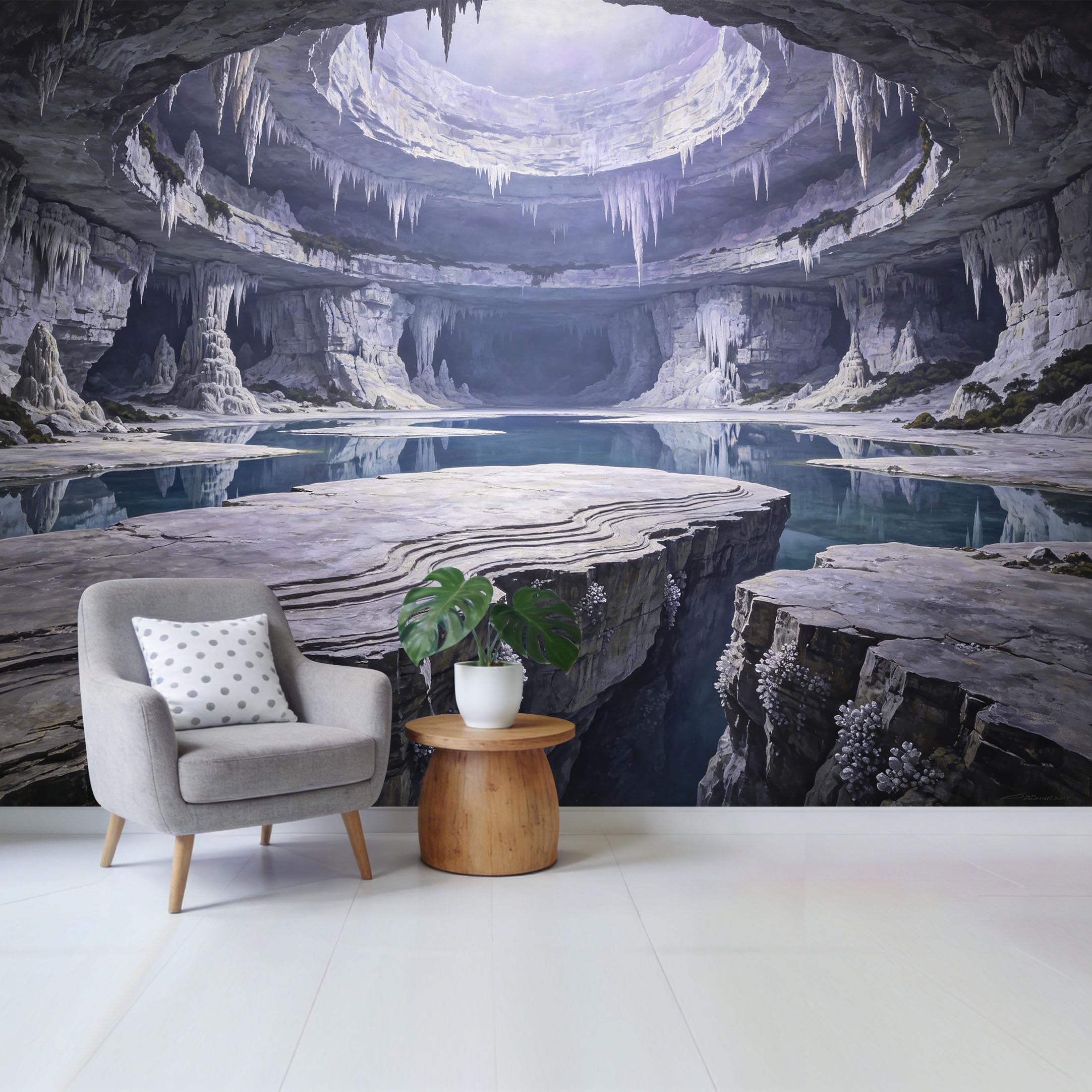 Custom Size Wall Mural Ice Cave Underground Lake Frozen Stalactite Landscape Removable Self Adhesive Fabric，Home Wall Decor for Living Room Bedroom Bathroom