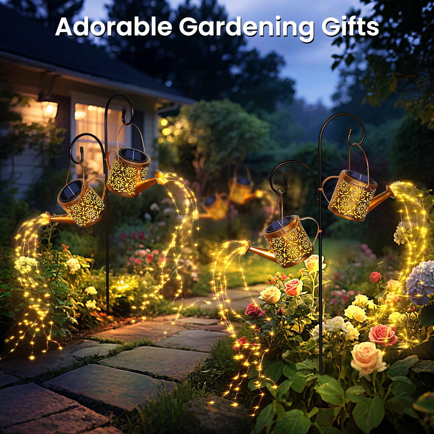 X-PREK Solar Garden Lights Outdoor Decoration, Metal Solar Watering Can Lights Outdoor Waterproof, Small Patio Light Yard Lawn Pathway Decor, Gardening Gifts for Women Mom Grandma 2 Packs
