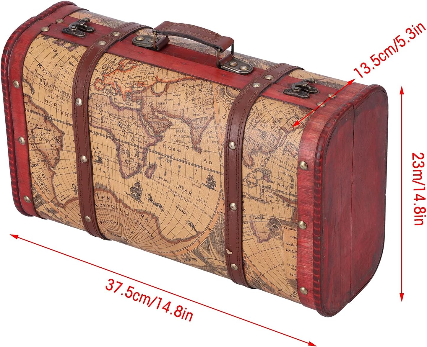belupai Vintage Composite Wood Suitcase, Map Pattern Storage Chest Wooden Decorative Treasure Trunk Antique Luggage Case for Window Display Photography Props Collection Ornaments