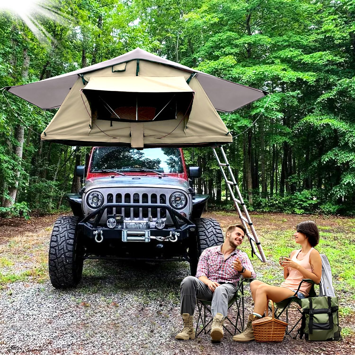 Dachzelt Auto, Dachzelt Auto für 2-3 Personen, Autodachzelt inkl 240 x 140 Matratze, Dachzelte fürs Auto mit Oberlicht, Wasserfest 3500mm, mit 2.1M Aluminium Leiter, Dachzelt für PKW, Bus, LKW, etc.