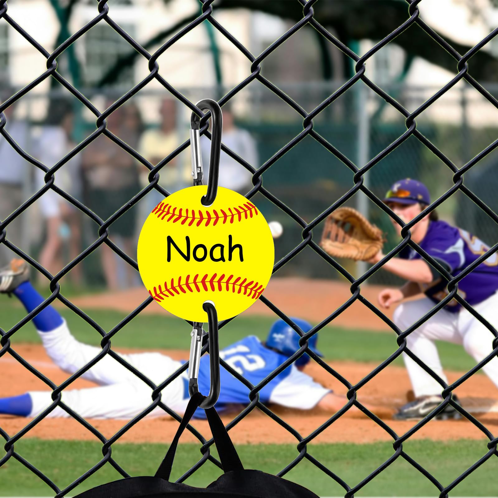 FRUSSONIA 12 Pack Softball Bag Fence Hooks – Thick Fence Clips with Writable Acrylic Plates – Dugout Organizer for Softball Gear, Backpacks, Helmets, Bottles, Team Gifts