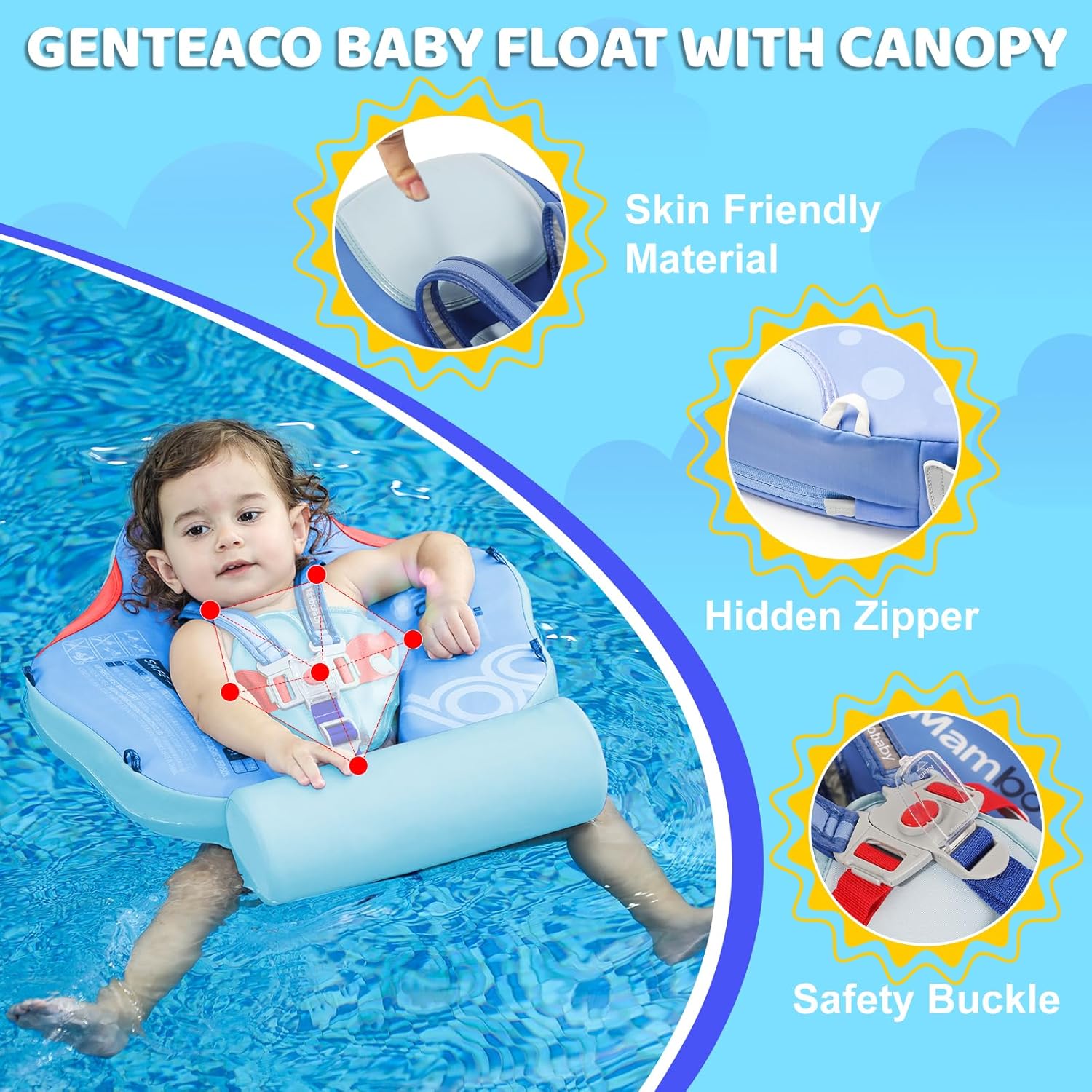 Mambobaby Baby Float with Canopy & Tail Non-Inflatable Baby Swim Float Upgrade Soft Infant Pool Float Sun Protection Newborn Pool Float 3-24 Months Skin-Friendly Material for Toddler Boys Girls