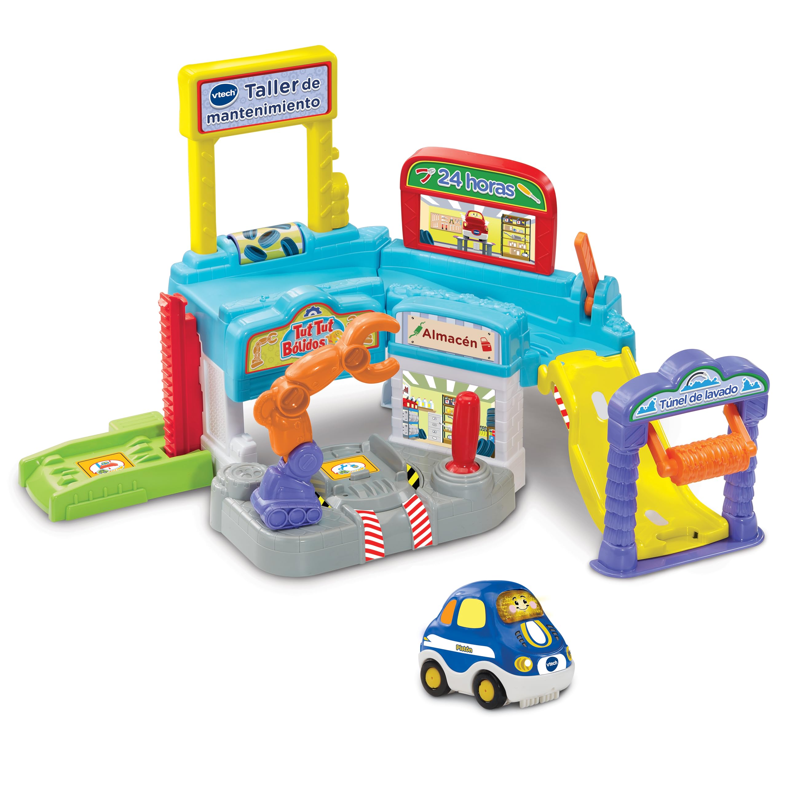 VTech - Taller de Mantenimiento TutTut Bólidos, Circuito y Playset Interactivo de Juguete, Incluye un Coche, Ascensor, Rampas, Túnel de Lavado, Regalo niños +1 año, Versión ESP