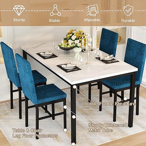 Vista 5 de Set de mesa de comedor Recaceik para 4, juego de mesa y sillas de cocina de 4 piezas, mesa de comedor moderna de mármol sintético con sillas Blanco