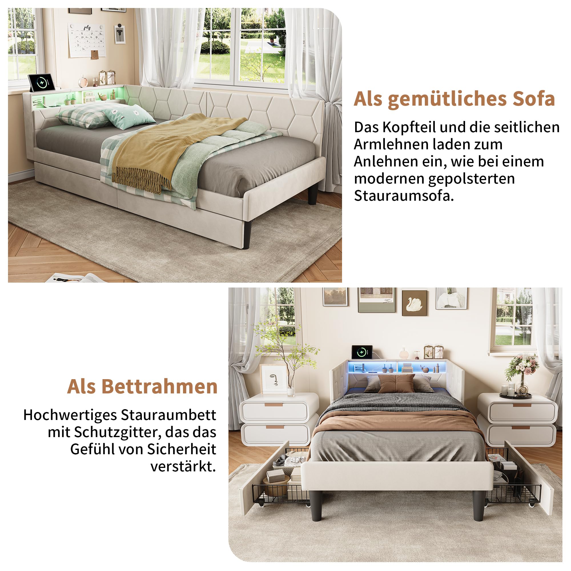CDQL Łóżko tapicerowane, sofa do spania 90 x 200 cm z oświetleniem LED i portami USB, łóżko do przechowywania z 2 szufladami, zagłówek ze schowkami, łóżko funkcyjne, łóżko pojedyncze, aksamitne