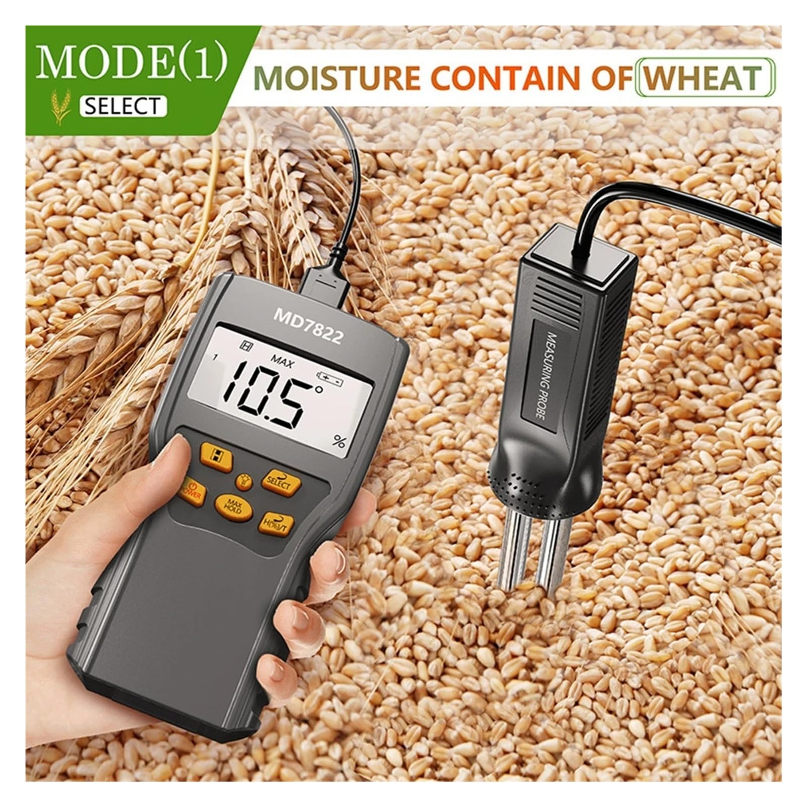 Medidor digital de humedad de granos, trigo, maíz y arroz con pantalla LCD de 2%-30%, con retención de datos y sonda de prueba larga. Lecturas precisas