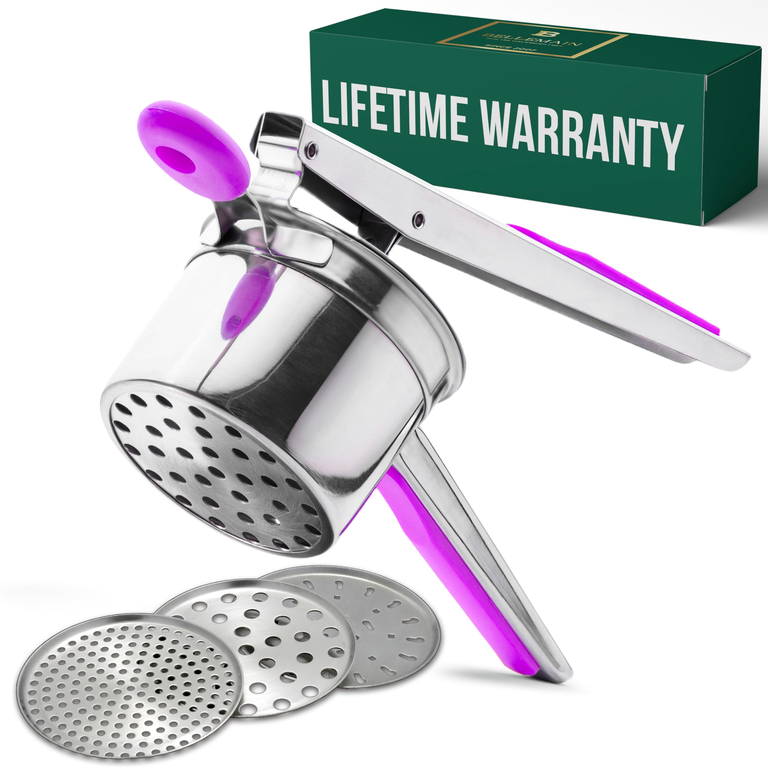 Bellemain Heavy-Duty Stainless Steel Potato Ricer & Masher | 15 oz, Perfect for Mashed Potatoes | Kitchen Tool with 3 Interchangeable Discs (Purple)