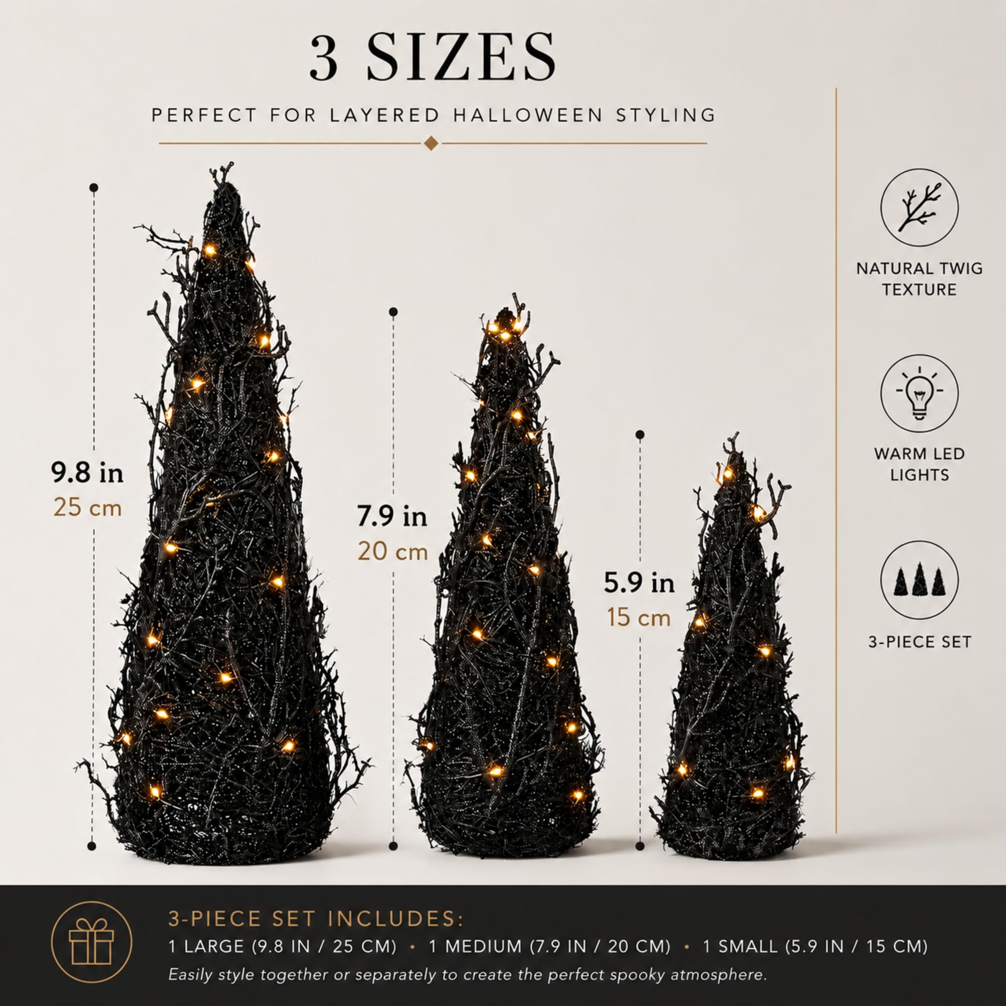 Thyle 3 decorazioni per albero di Halloween, albero di Halloween, nero, con luci a LED, decorazione per interni ed esterni