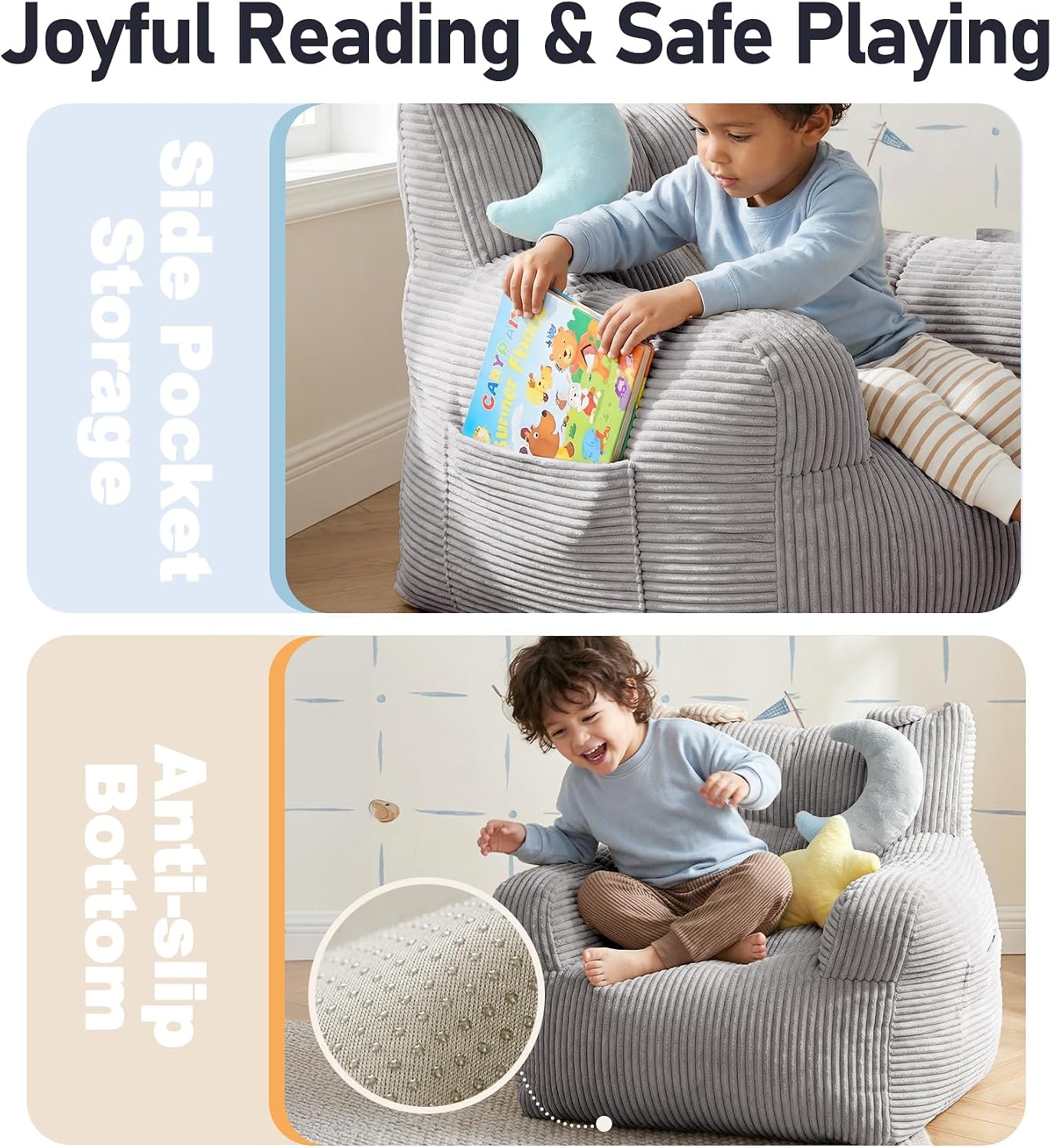 little dove Bean Bag Chairs for Kids, Comfy Bean Bag Chair with 2 Plush Toys, Toddler Chair with Pocket, Stuffed Lazy Sofa with Filler for Boys and Girls, Kids Chairs for Gaming, Reading, Grey