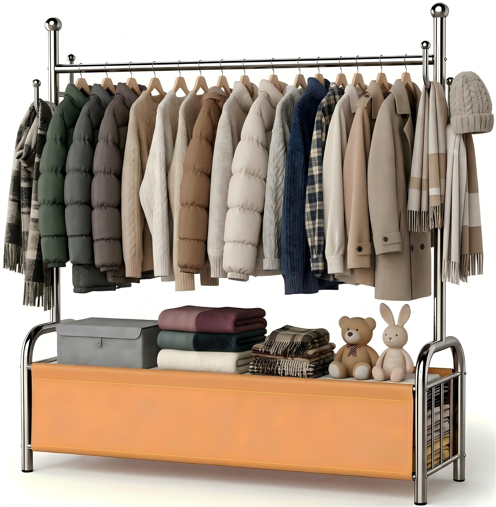 Burro Ropa Resistente de Acero Inoxidable con Cesta de Almacenaje, Perchero Burro Estable, Perchero de Pie, Barra para Ropa Robusta, 3 en 1 Tendedero y Organizador