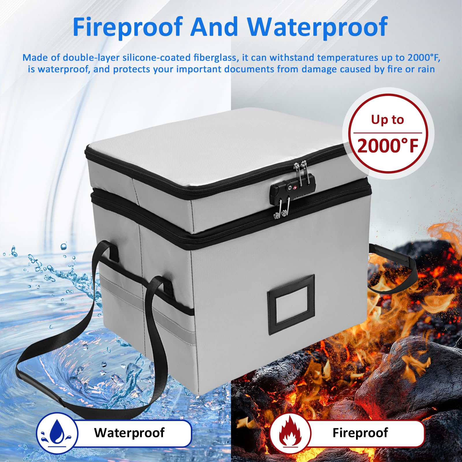 Fireproof Document Box with Combination Lock, 2 Layer Foldable File Box Waterproof Fireproof File Organiser with Reflective Strip Adjustable Handle for Important Letters Files Certificate(grey) - Image 3