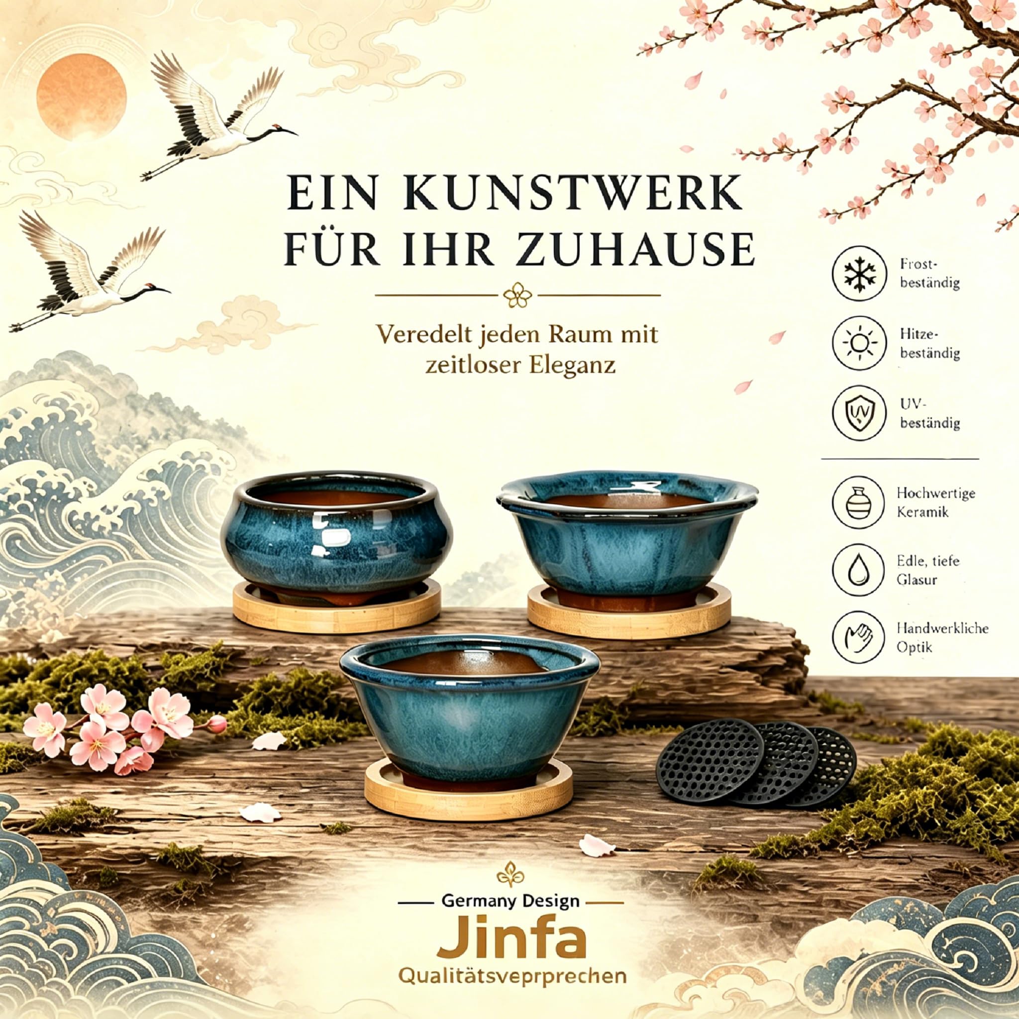 Lot de 3 Pots à Bonsaï en Céramique Émaillée avec Trous de Drainage, Grilles Filtrantes & Plateaux en Bambou| Design Japonais Traditionnel | Idéal Plantes Intérieures & Décoration