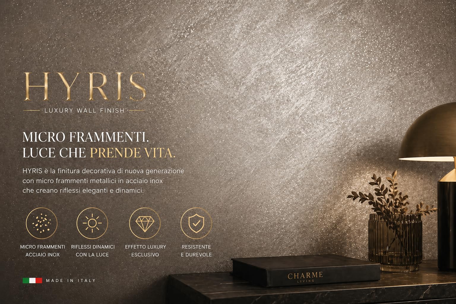 Hyris Pittura Decorativa con Micro Frammenti di Acciaio Inox - 10 | Finitura sabbiata perlata con frammenti inox, lavabile e antimuffa, per pareti e soffitti interni, resa 10/12 m² - 1 Litro