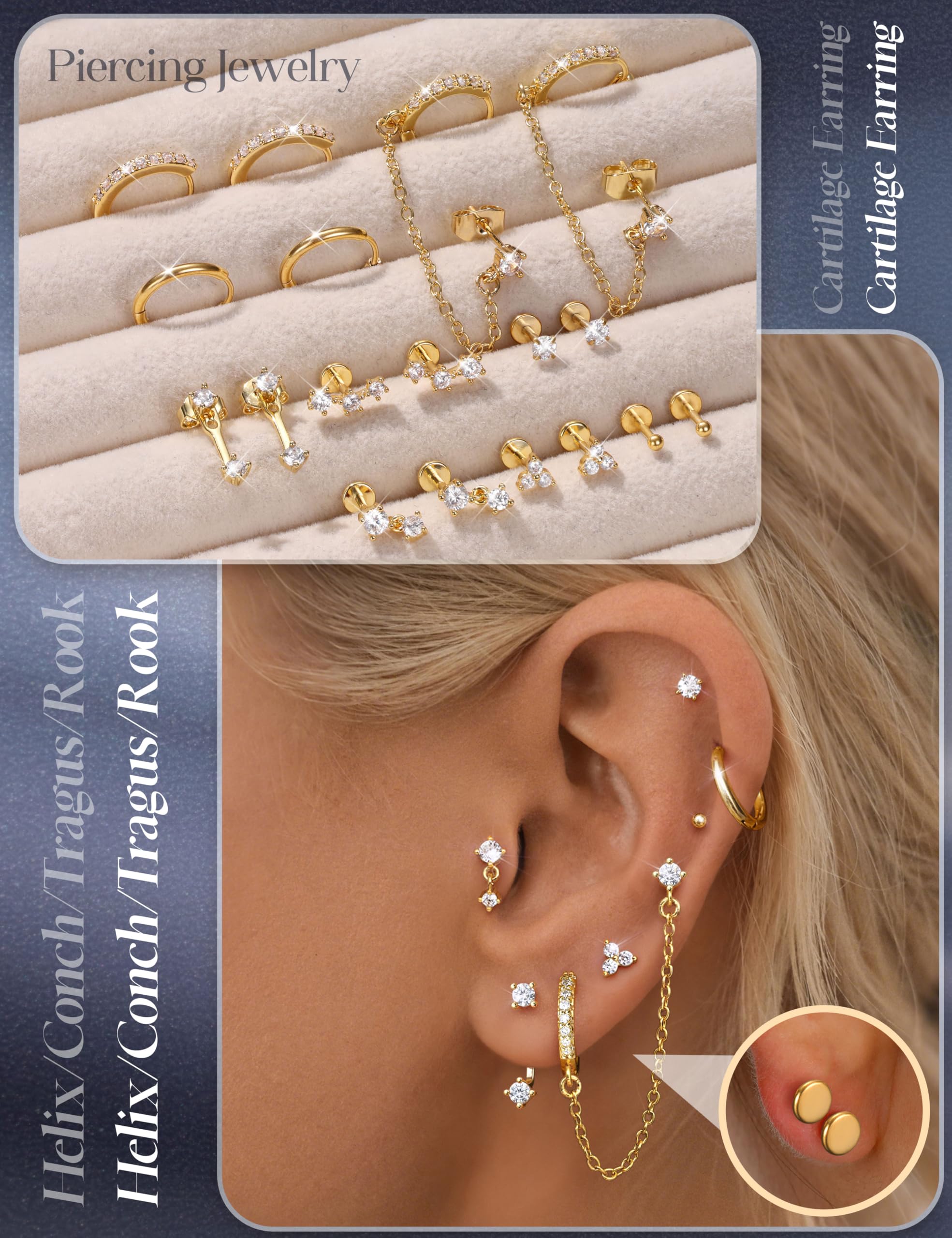 Pendientes de Tuerca con Parte Trasera Plana de 16G/18G/20G para Mujer, hipoalergénicos