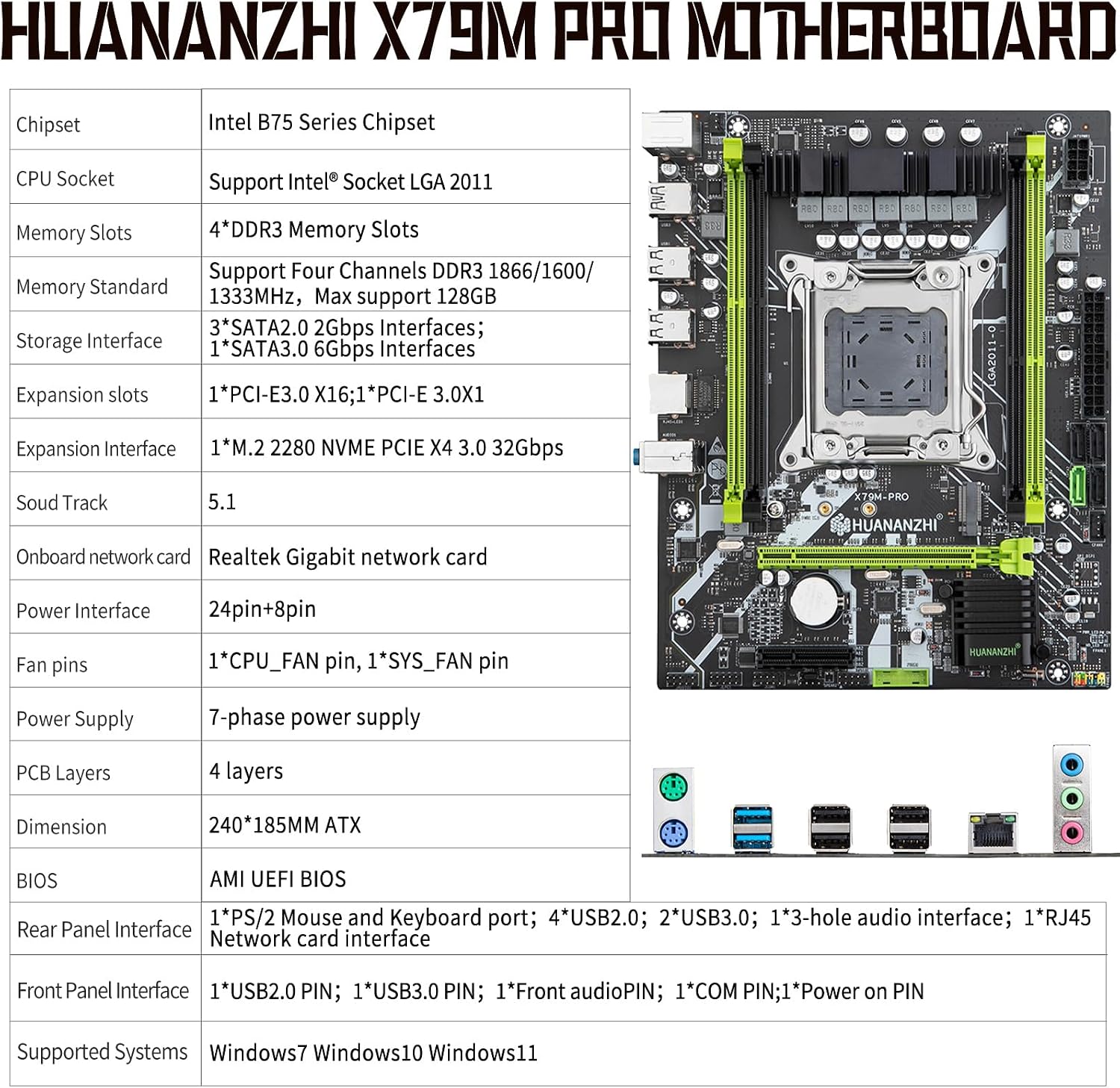 HUANANZHI X79M PRO bundkort med specifikationstabel