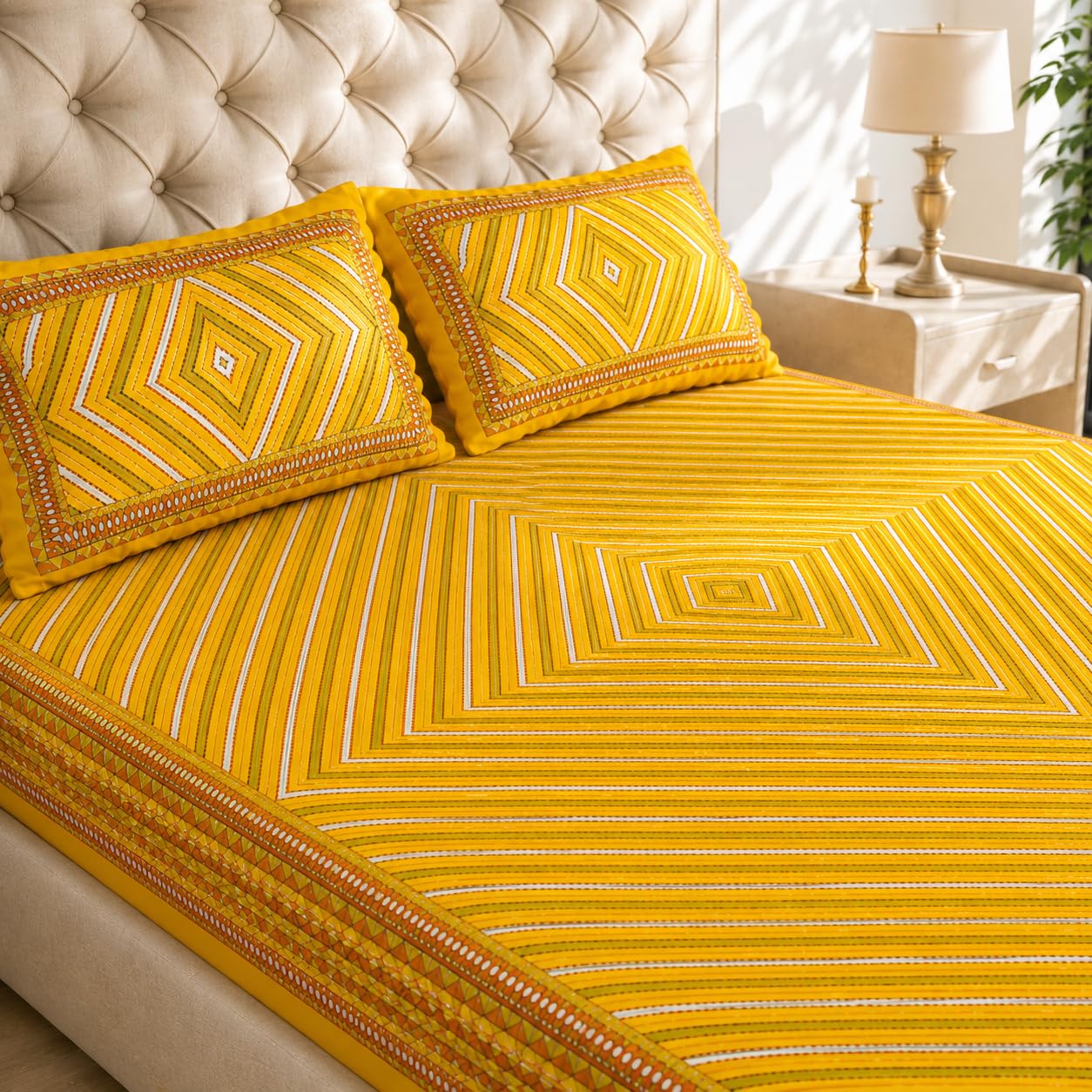 100% Cotton Luxury King Size Bedsheet with 2 Pillow Covers Premium Cotton Printed Traditional Rajasthani Jaipuri Print Soft Breathable 90x100 inch 235x215 cm Yellow-picture-25