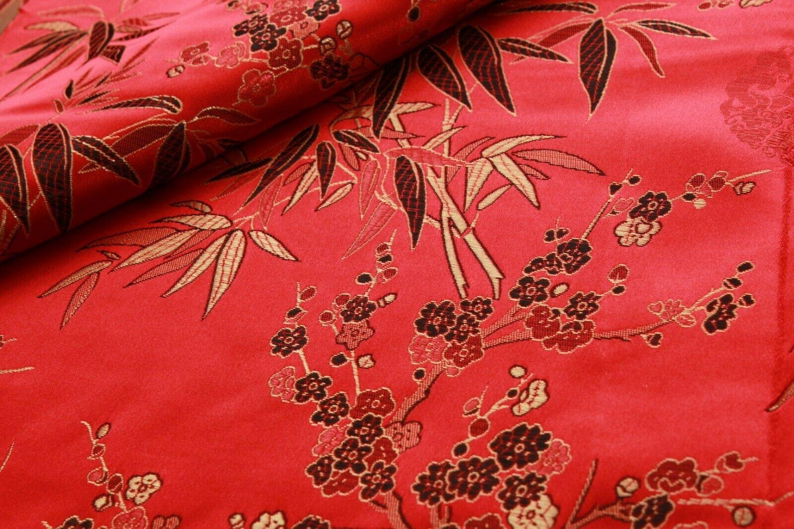 1 Metre Red Embroidered Chinese Brocade Fabric Oriental Cherry Blossom Tropical Leaves Shiny Silk Satin Brocade Polyester Jackets Fancy Dress 45" / 114cm