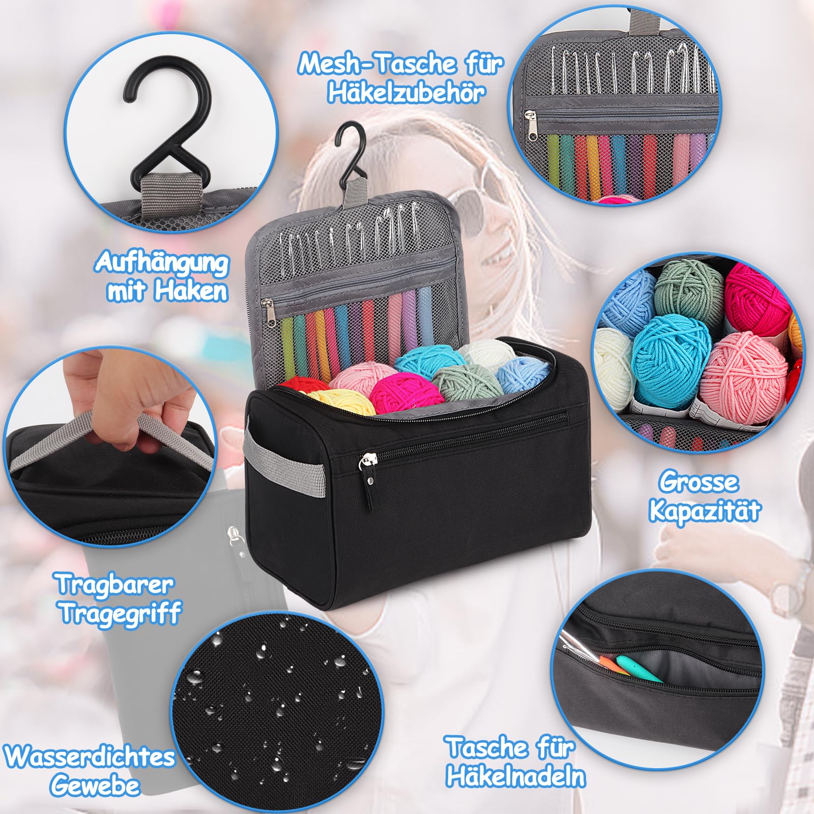 Coopay Kit Crochet Debutant Complet, 15 Pelotes de Laine Crochet, Accessoires de Crochets Tricot, 73 Kits de Crochets Ergonomiques 2,0-10mm, Crochet Kit, Cadeau Créatif pour Famille - Noir