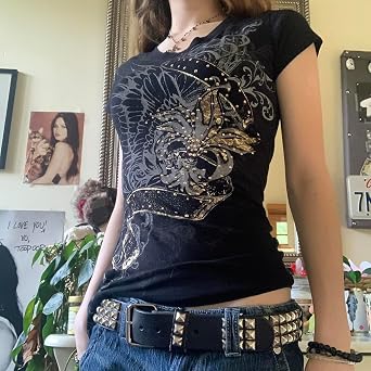 Women Y2K Grunge T-Shirt Short Sleeve Retro Vintage Rhinestone Cross Slim Crop Top Gothic Punk Streetwear