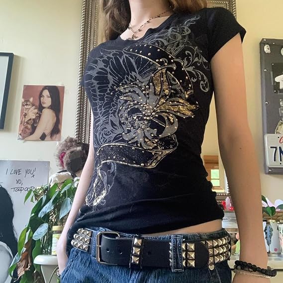 Women Y2K Grunge T-Shirt Short Sleeve Retro Vintage Rhinestone Cross Slim Crop Top Gothic Punk Streetwear
