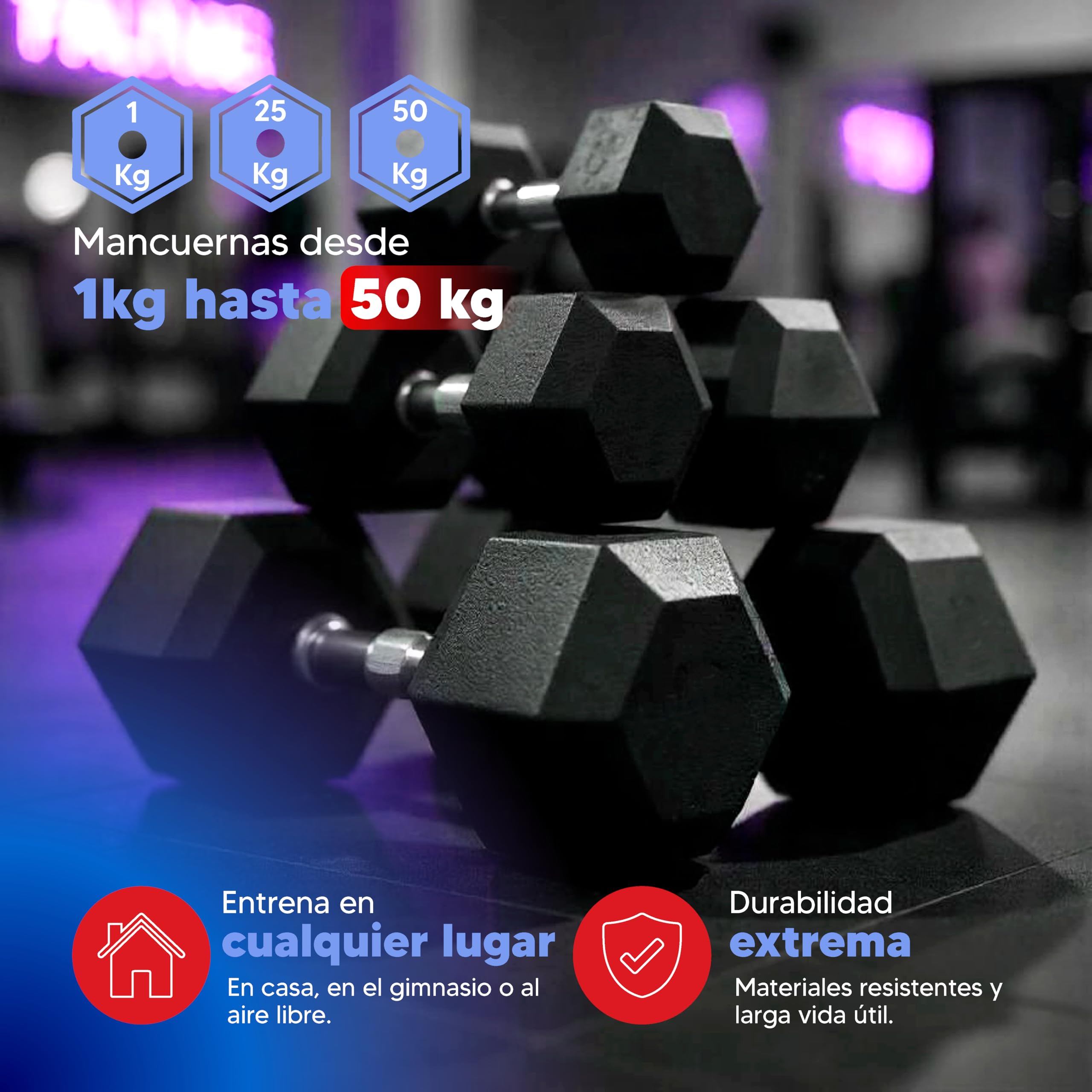 Mancuernas Hexagonales por Pares de 1kg hasta 50kg - Pesas y Mancuernas Antideslizantes - Mancuernas para Entrenamiento en Casa y Gimnasio. Set de 2 unidades del mismo peso