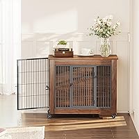Vista 7 de Mueble de jaula para perros de 32.5 pulgadas con ruedas, mesa de madera resistente para perreras, jaula para mascotas de interior con 2 puertas