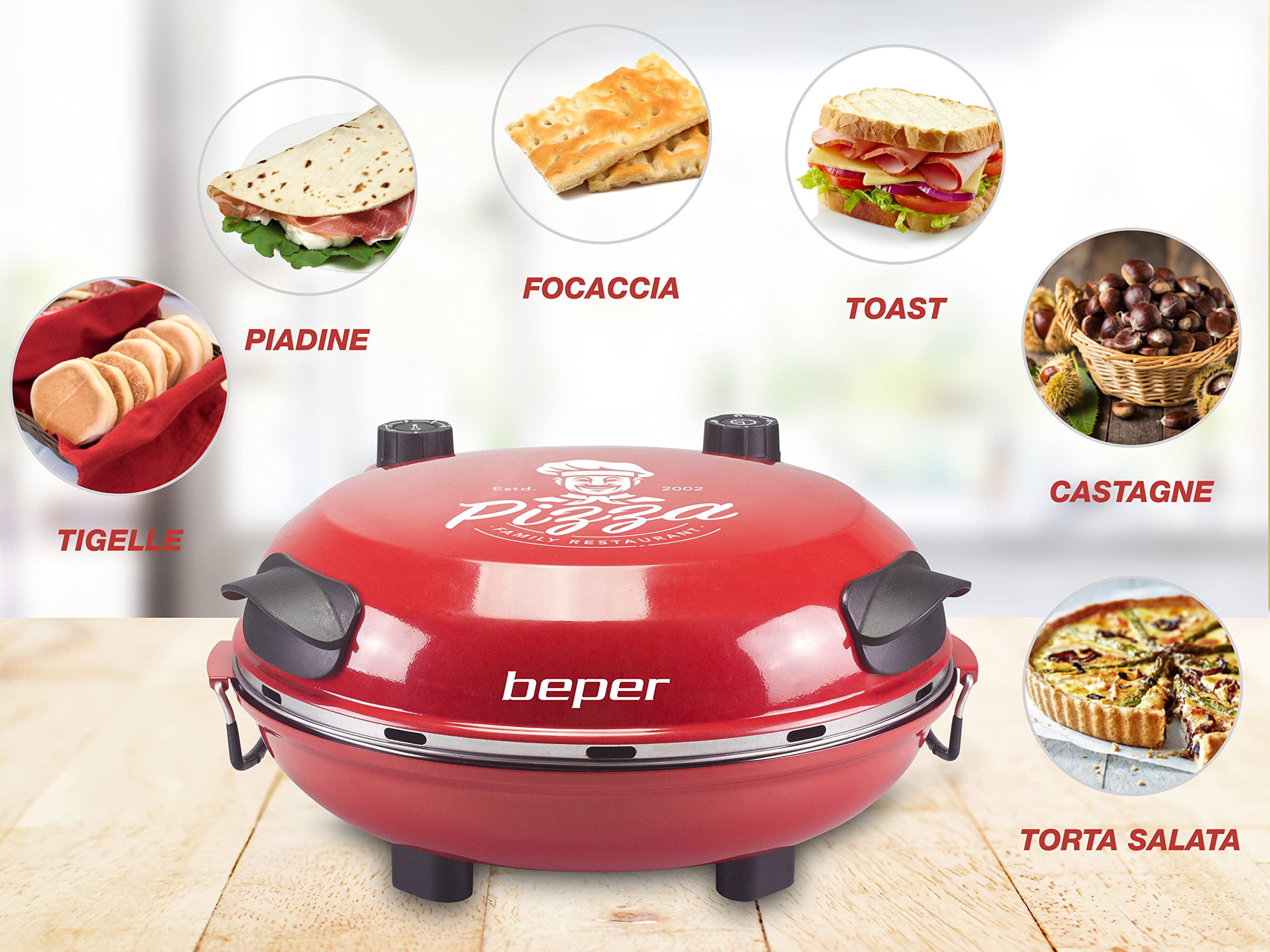 BEPER P101CUD300 Horno de Pizza con Placa Refractaria Extraíble - Horno de Pizza Eléctrico con 5 Planos de Cocción y Temporizador