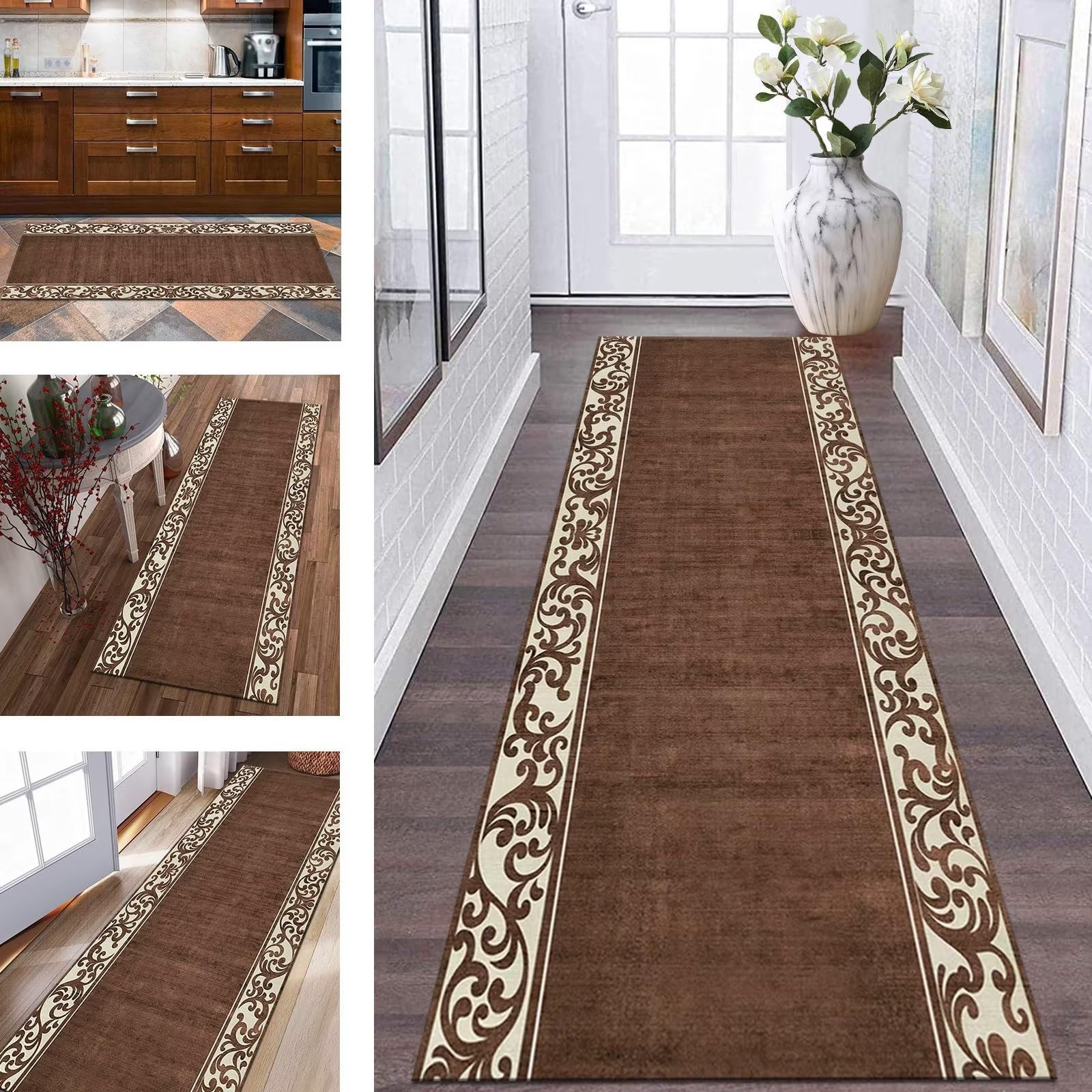 Teppich Läufer Flur rutschfest Küchenläufer Braun Apricot Korridor Teppichläufer Waschbar 90X400CM Modern Lang Flurläufer Teppichmatte Küche Schlafzimmer Kinderzimmer Wohnzimmer Meterware Fußmatten