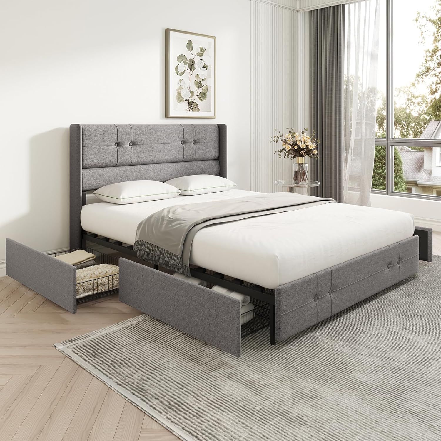 Novilla King Size Bed Frame Platform with 4 Storage Drawers and Fabric Upholstered Headboard, Strong Wooden Slats, Non-Slip and Noise-Free King Bed Frame, Easy Assembly, Grey