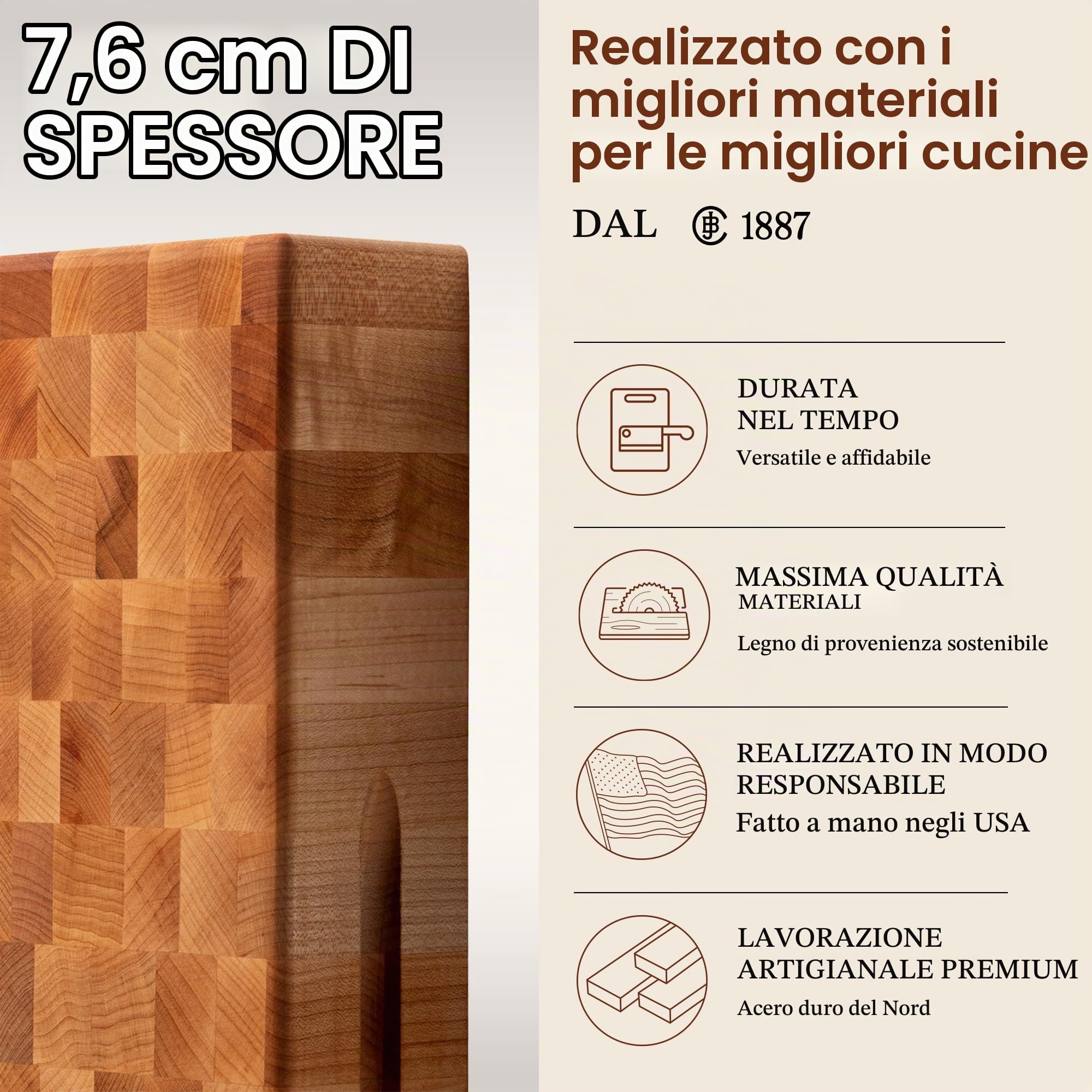 Boos Block Blocco Da Macellaio - Tagliere Antibatterico - 46 x 46 x 7,5 cm | Tagliere In Legno Di Acero Duro Nordamericano - Tagliere Da Cucina Professionale - Tagliere xxl - Extra Spesso