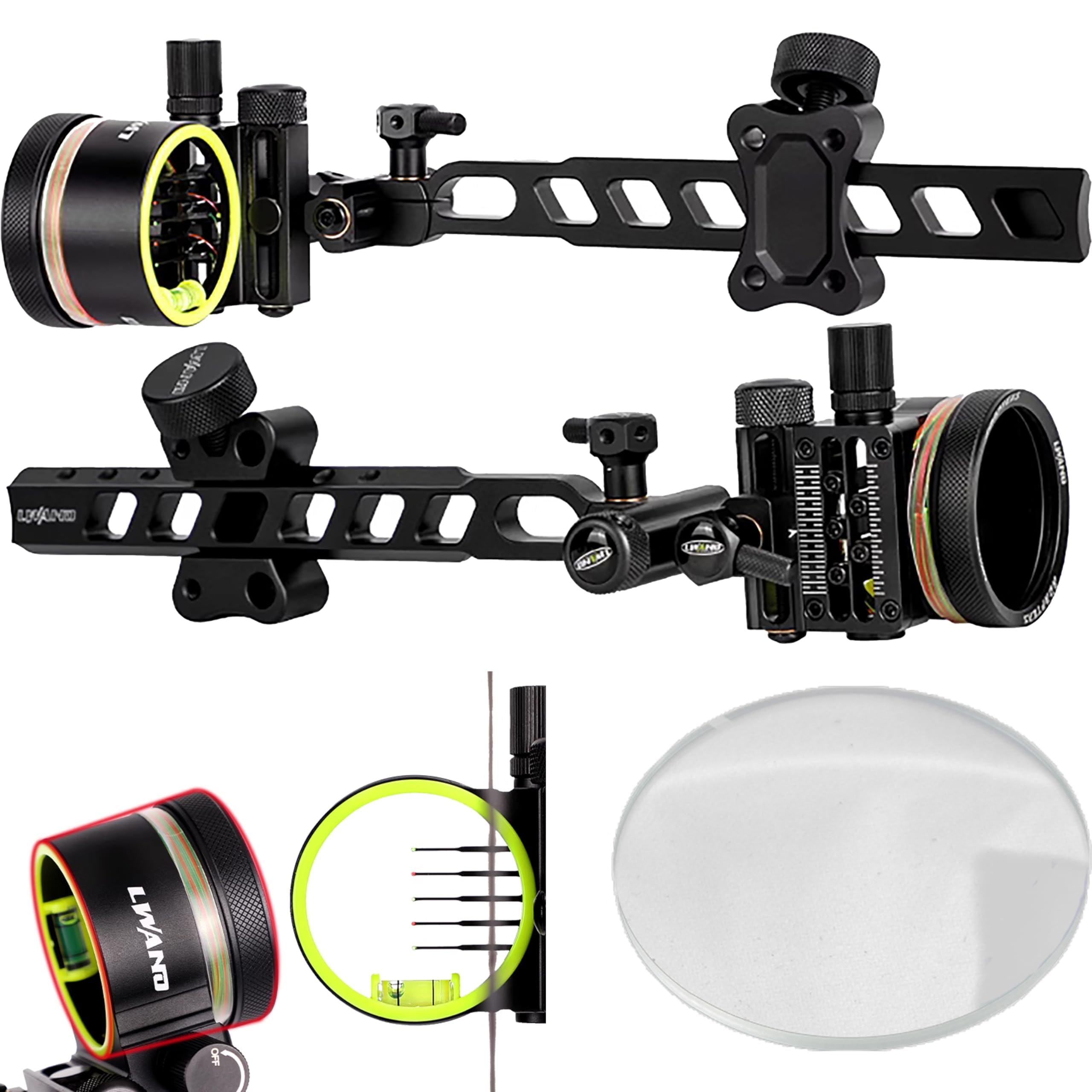 wolfman Archery Compound Bow Sight 5 Pin 0.019" Fiber Optics Micro Adjustment Bow Sight Hunting Sight with Sight Light for Right Hand & Left Hand Archery Accessories (9 inch sight + lens, 8x)