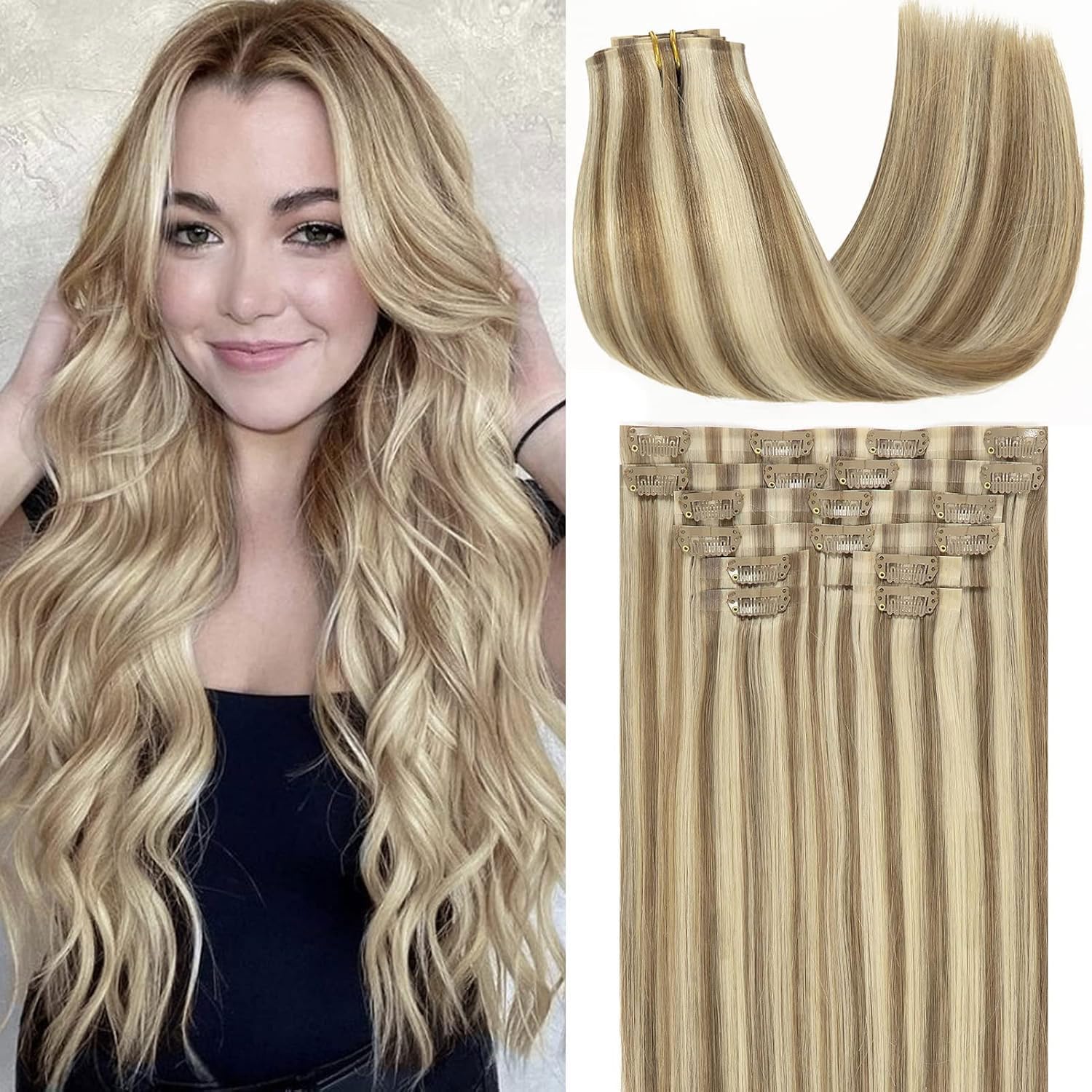 Loxxy Human Hair Clip in Extensions Ultra Invisible 18Inch 130G 7Pcs Seamless Clip in Extensions Real Human Hair Color Light Brown Mixed With