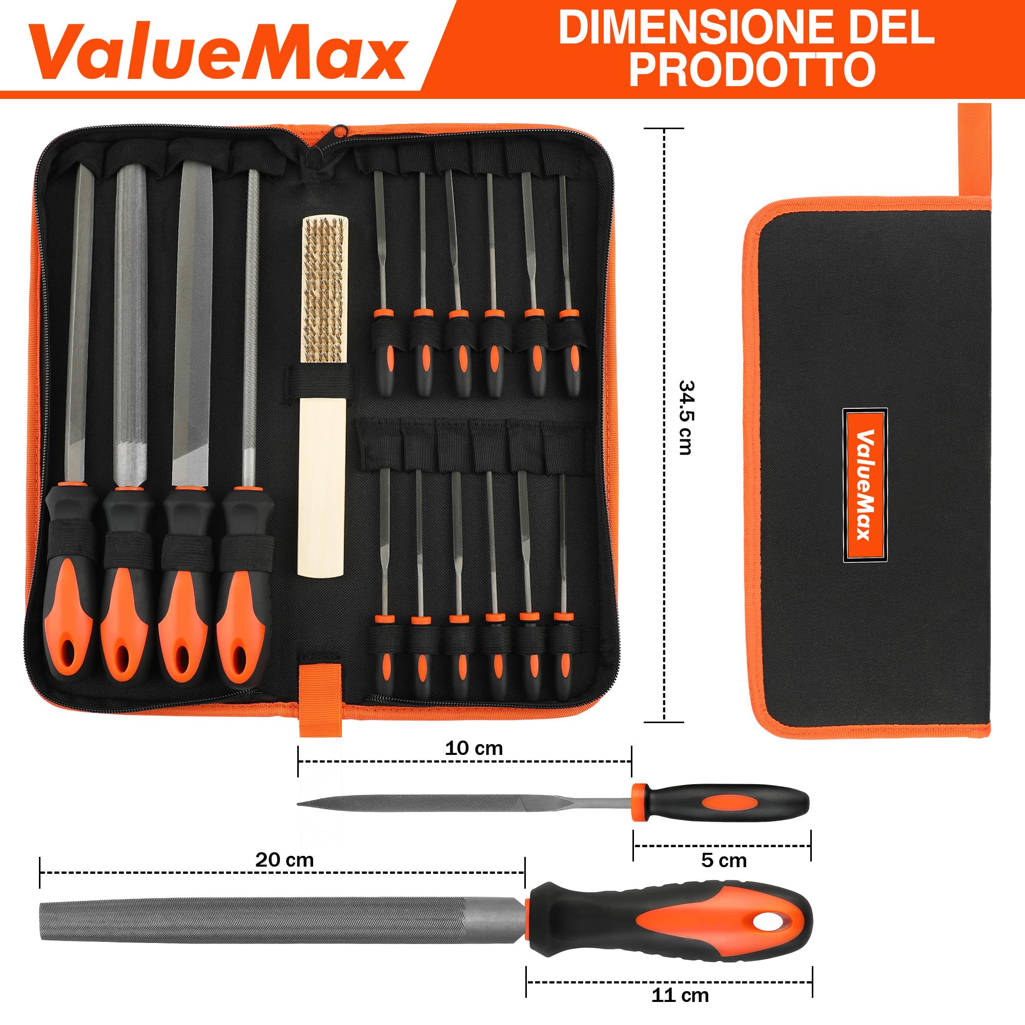 ValueMax Set di Lime Professionali da 17 Pezzi con Custodia, 4 Lime Grandi da 200 mm,12 Lime Piccolo ad Ago da 100 mm, Spazzola di Pulizia, Lavorazione per Metallo, Legno