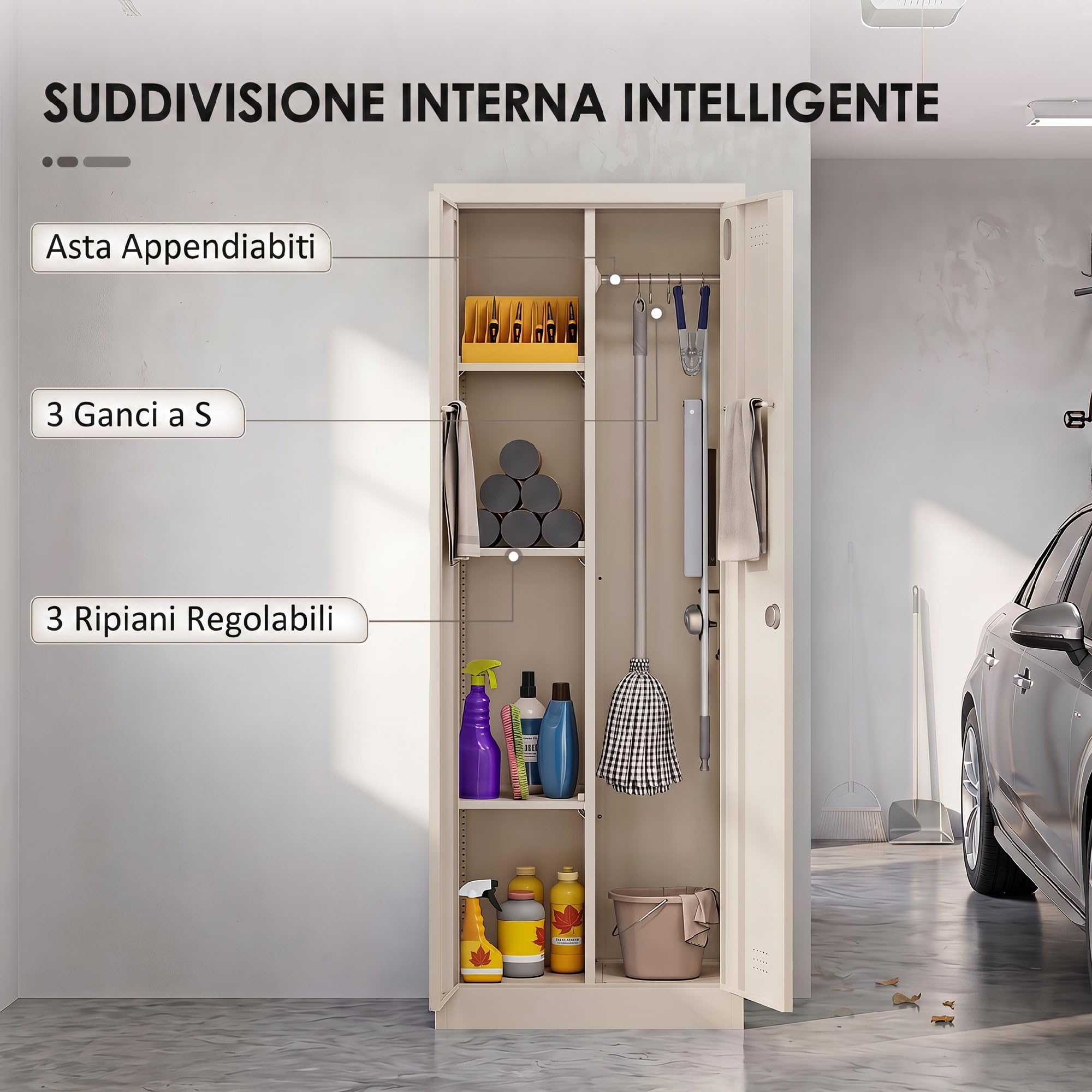 HOMCOM Armadio Porta Attrezzi in Acciaio con Serratura Capacità 80 kg Crema