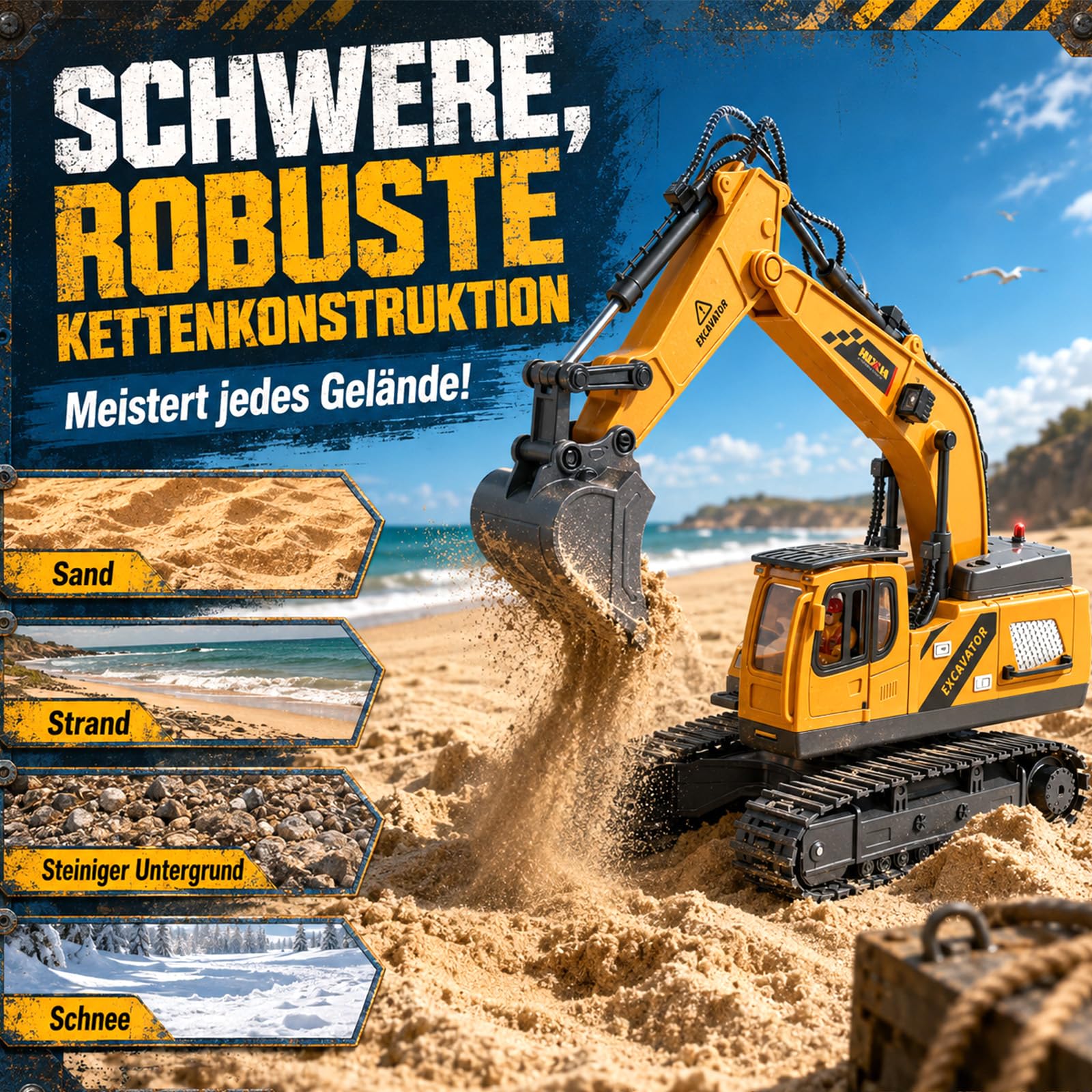 Ferngesteuertes Bagger Spielzeug mit Metall-Aufsätzen, 2,4 GHz Bagger RC Spielzeugautos mit Licht und Sound Bagger Extra Große Standgestützte Fernbedienung, Geschenk für Kinder ab 6-12 Jahren