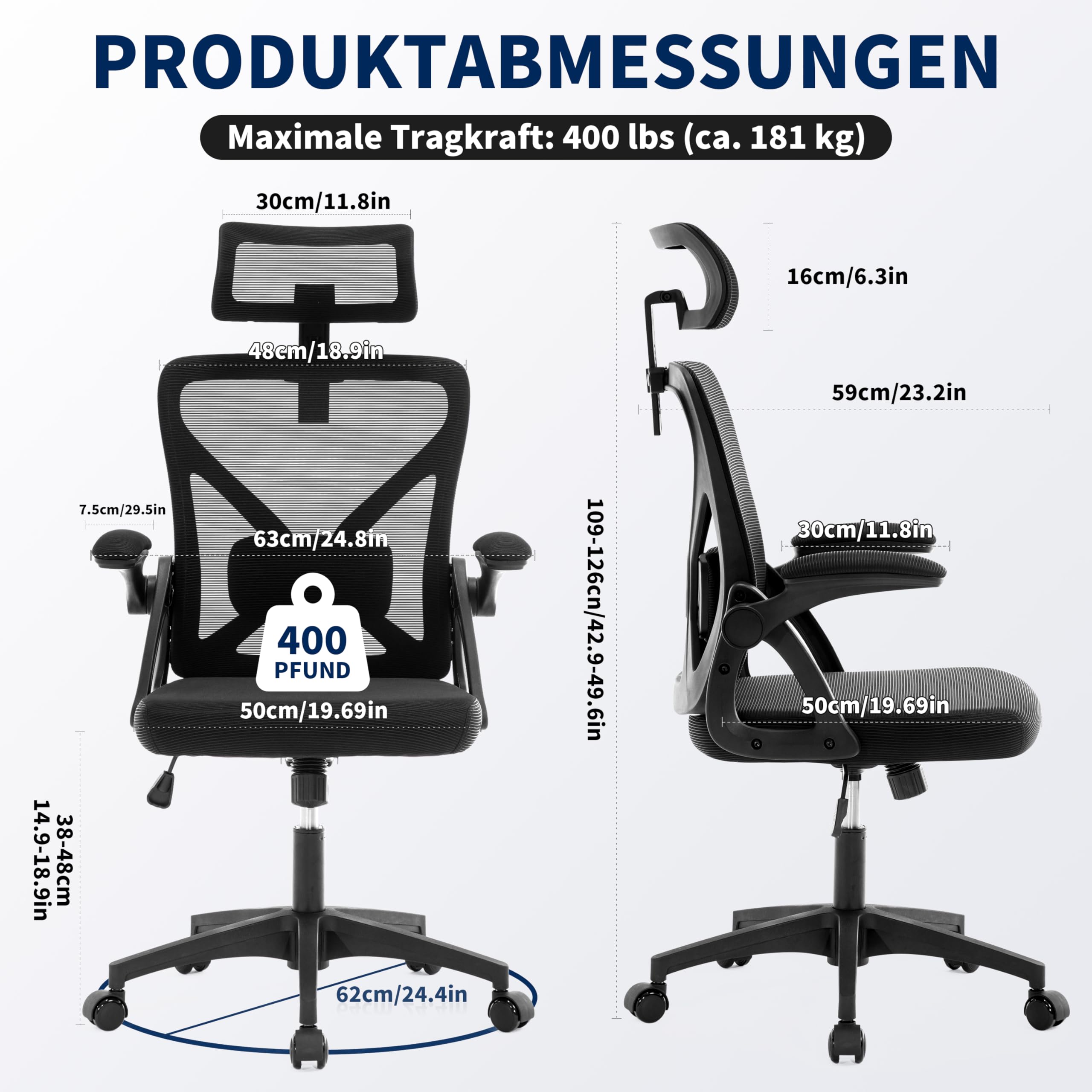 Fizzin Bürostuhl Ergonomischer Wippfunktion bis 125°,180kg | Schreibtischstuhl mit verstellbare Kopfstütze,Armlehnen & Lendenstütze Chefsessel Mesh für Büro, Gaming & Homeoffice, Schwarz