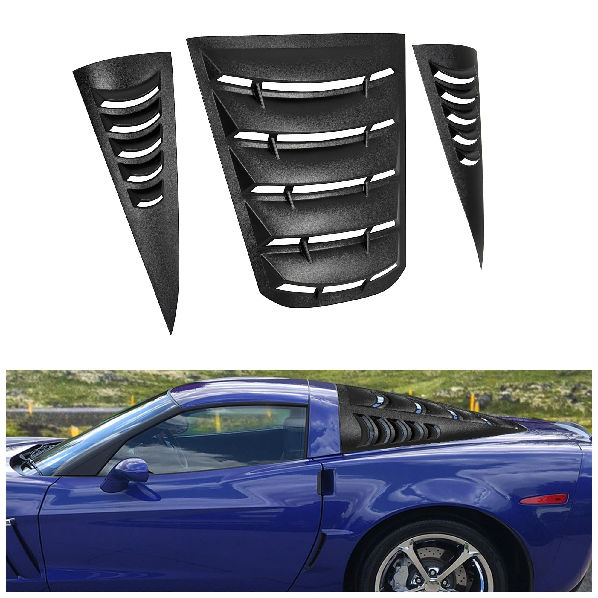 KUAFU Rear+Side Window Louvers Compatible with 2005-2013 Chevy Chevrolet Corvette C6 All Model Windshield Sun Shade Cover ABS Plastic Black 3Pcs