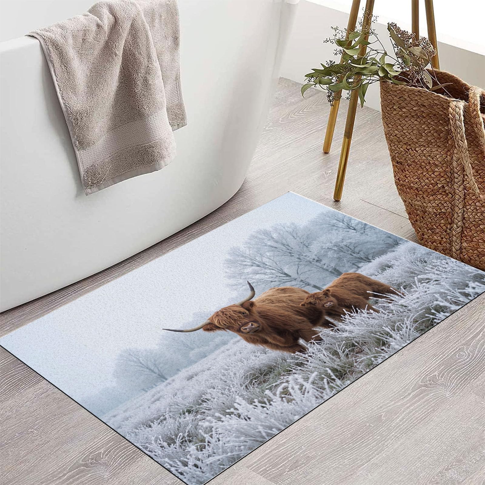 Zerbino Trappola Sporco Paesaggio Invernale Animali, 90X150Cm, Tappetino Antiscivolo Lavabile Campo Innevato Bovini Highlands, Zerbino Interno Morbide Assorbenti Per Corridoio Ingresso Porta, Bianco