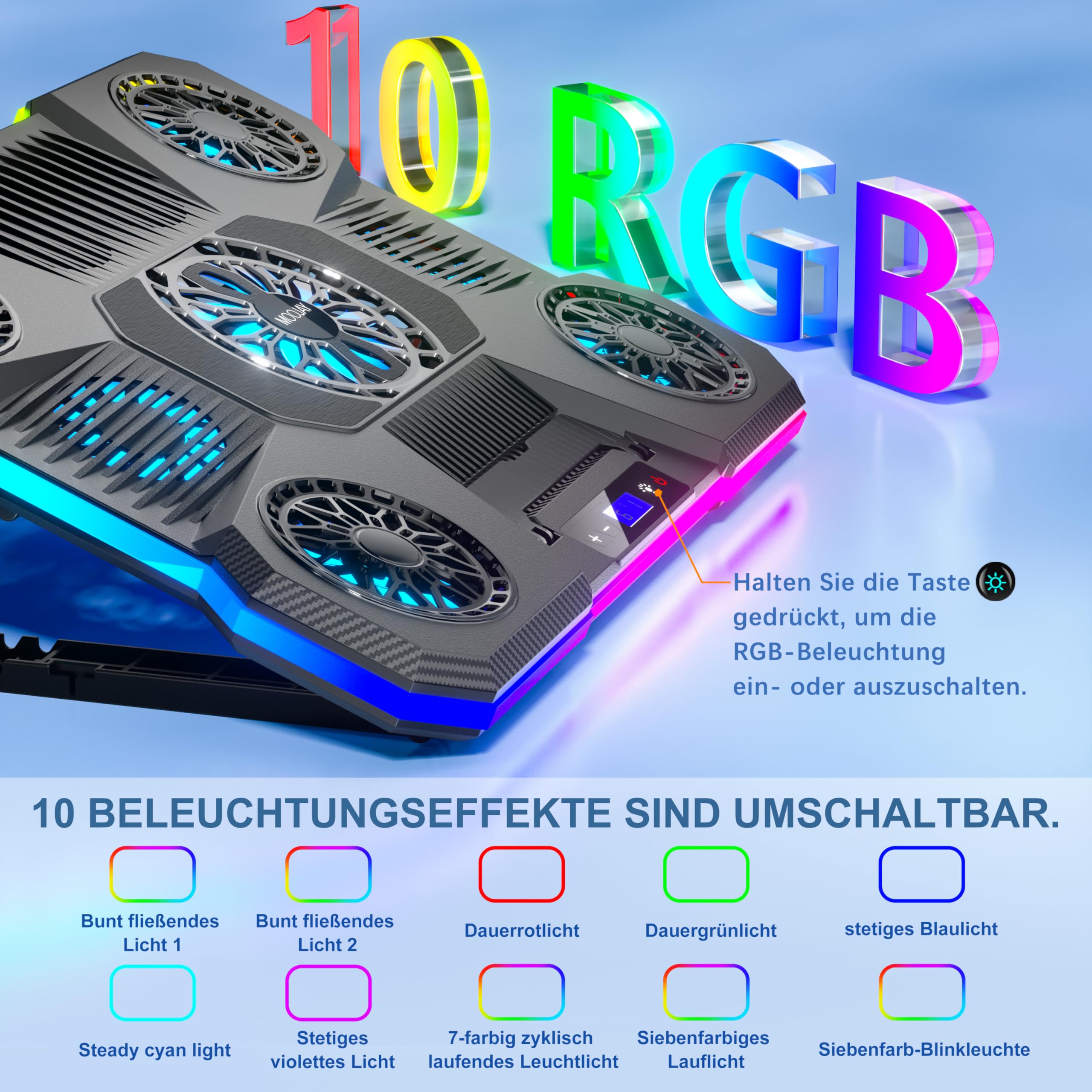 Laptop-Kühlpad MOOJAY mit 9 Leisen Lüftern für 14–19-Zoll-Notebooks, Gaming-Kühlständer mit 6 Einstellbaren Lüftergeschwindigkeiten, 10 RGB-Lichtmodi, 2 USB-Anschlüssen und Handyhalter
