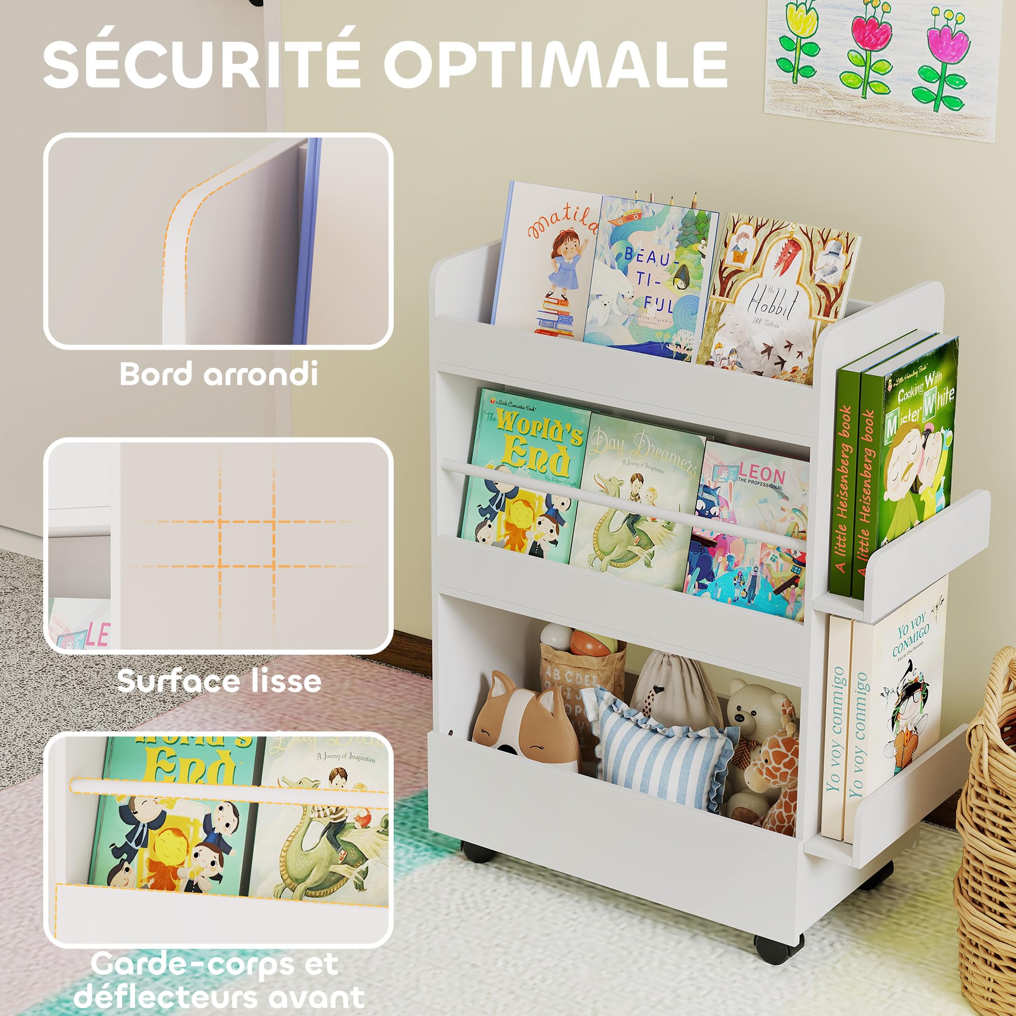 AIYAPLAY Bibliothèque pour Enfant 3 à 8 Ans avec roulettes, Rangement Livre Enfant avec Tableau Noir, Meuble de Rangement, pour Salle de Jeux, Blanc