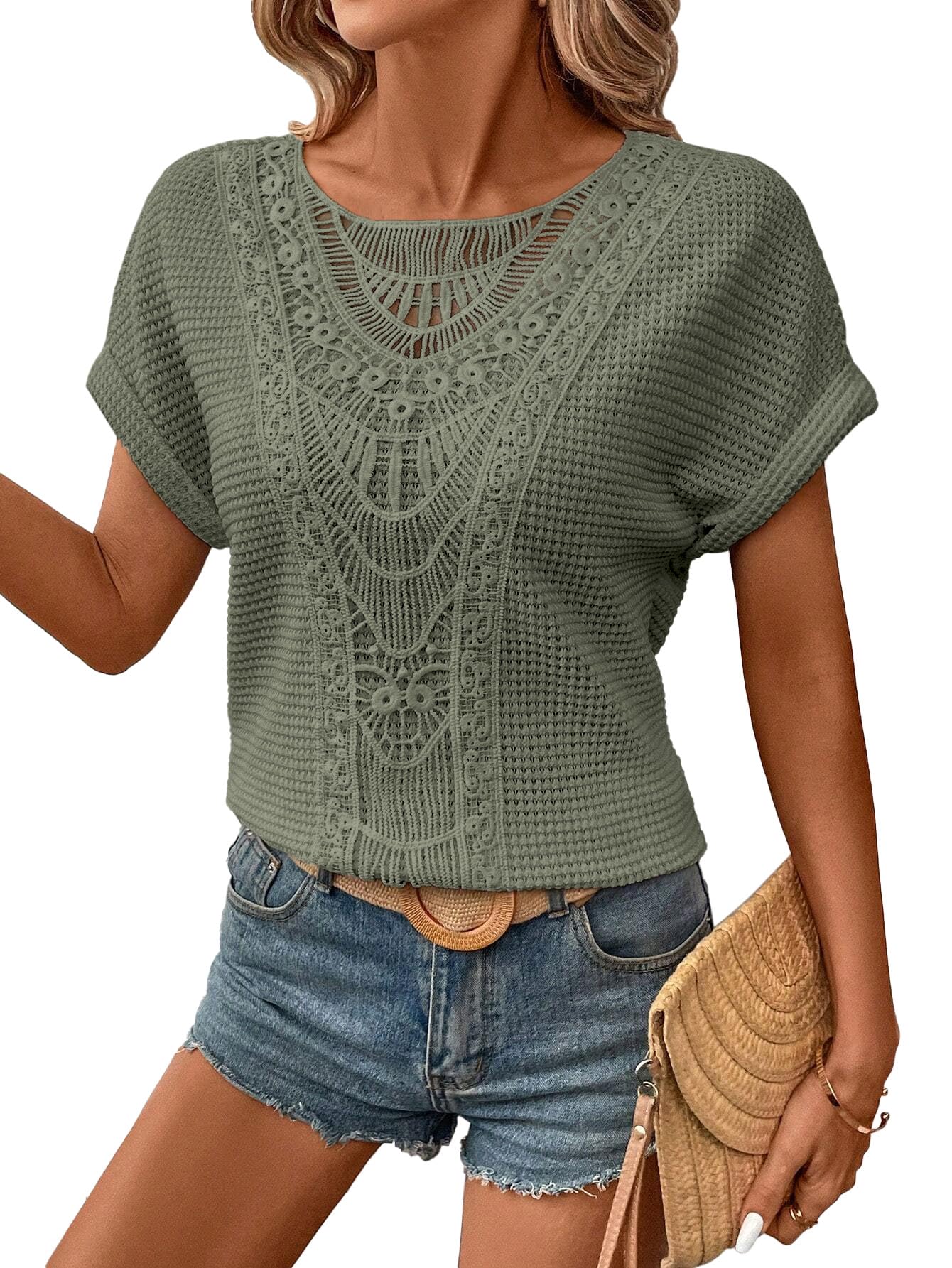 Chicrise Tshirt Damen Sommer Rundhals Lochstickerei Bluse Waffel Spitzen Kurzarm Oberteile Elegant