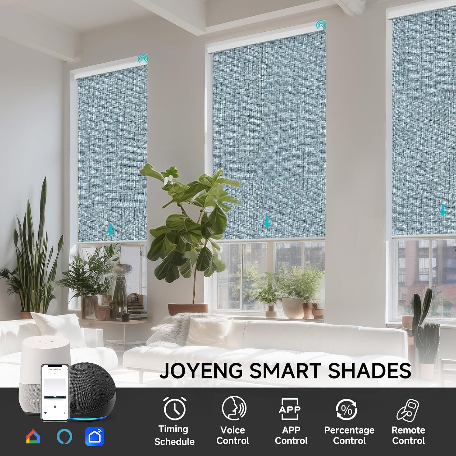 Motorized Blinds with Remote, Custom Automatic Electric Blackout Smart Blinds for Windows, Motorized Window Roller Shades Compatible with Alexa Google for Home Office, Fabric Blue